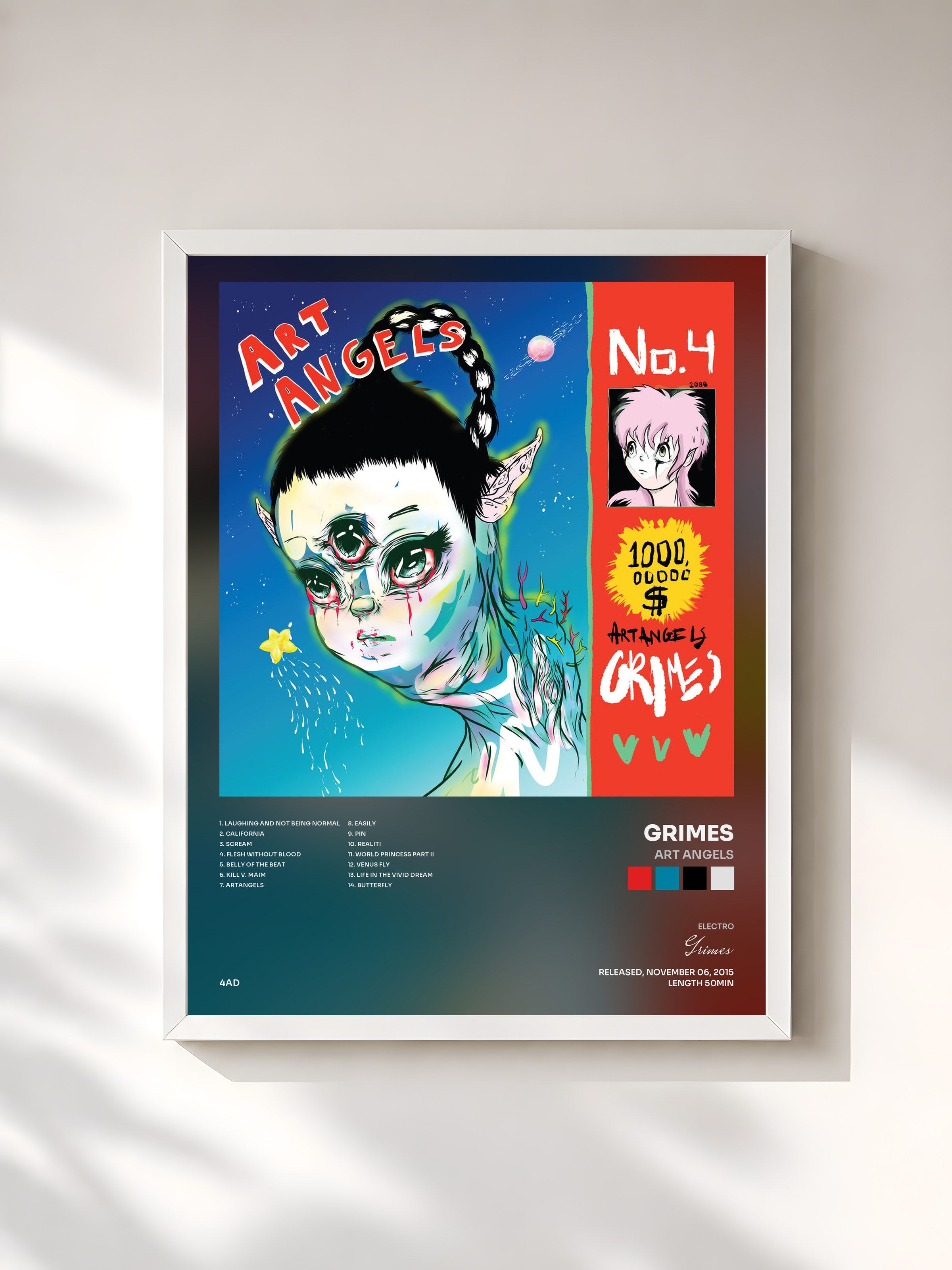 #blanc Tableau de l'album Art Angels de Grimes, cadre blanc, imprimé et encadré en France