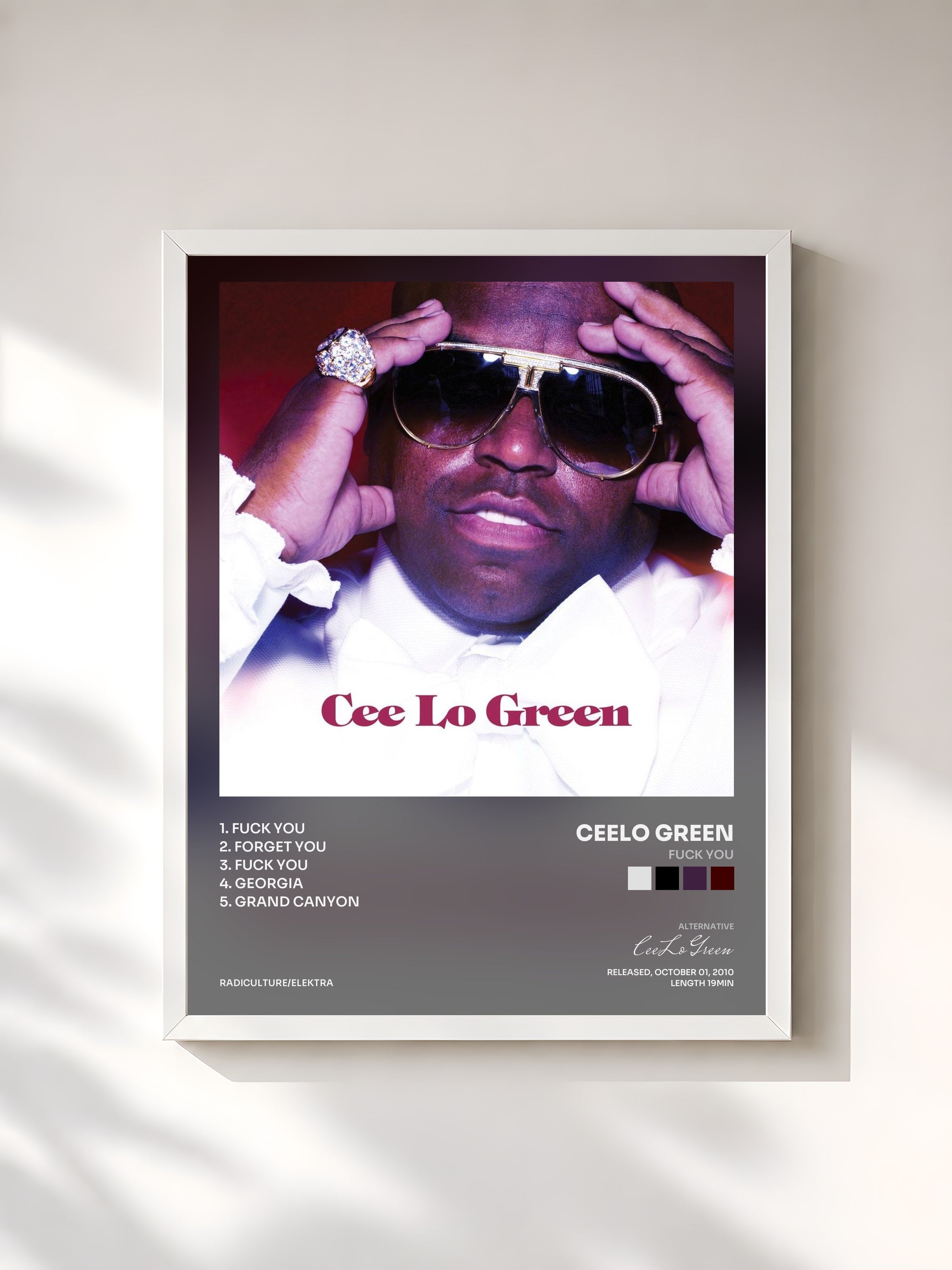 #blanc Tableau de l'album Fuck You de CeeLo Green, cadre blanc, imprimé et encadré en France