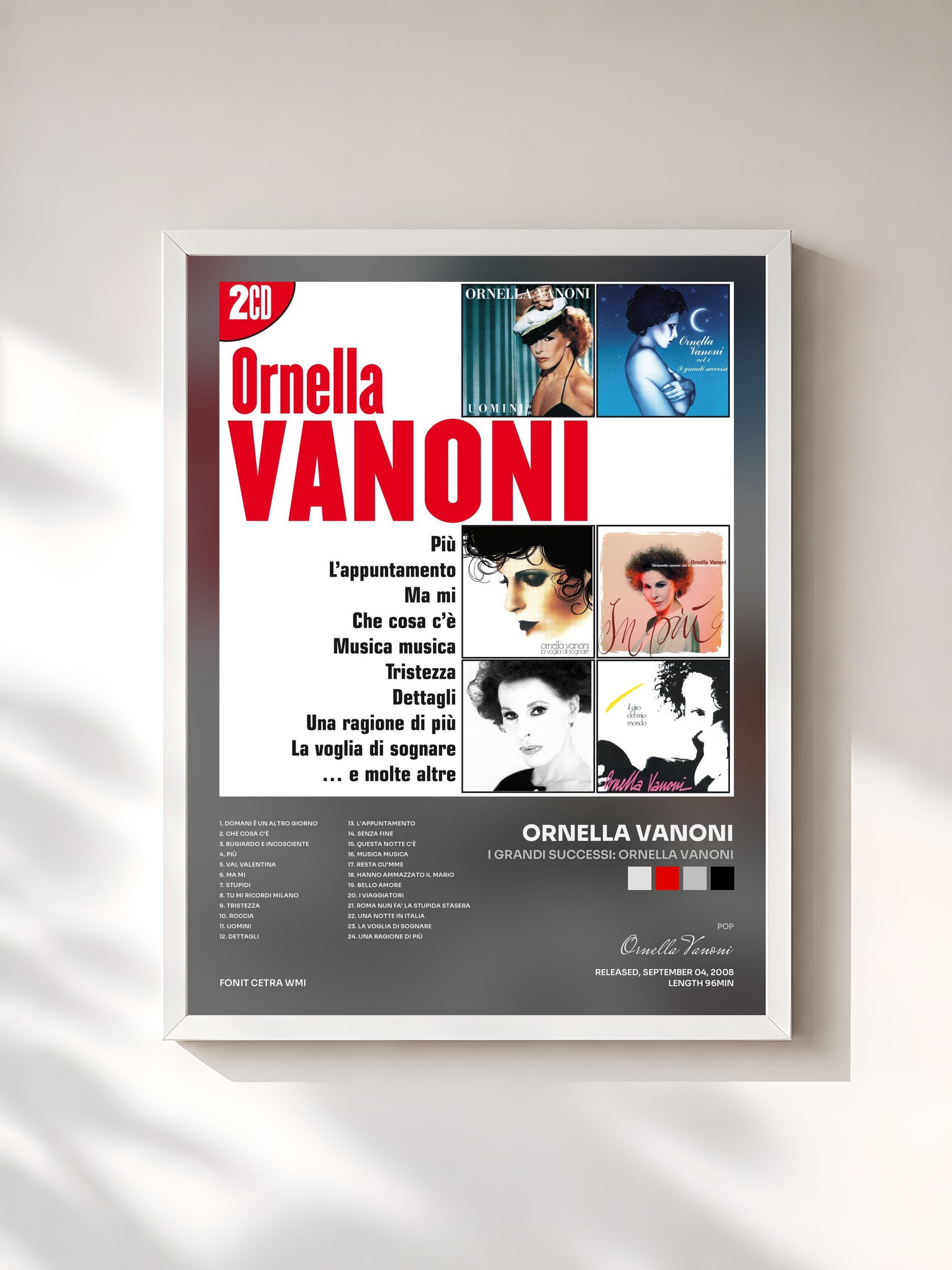 #blanc Tableau de l'album I Grandi Successi: Ornella Vanoni de Ornella Vanoni, cadre blanc, imprimé et encadré en France