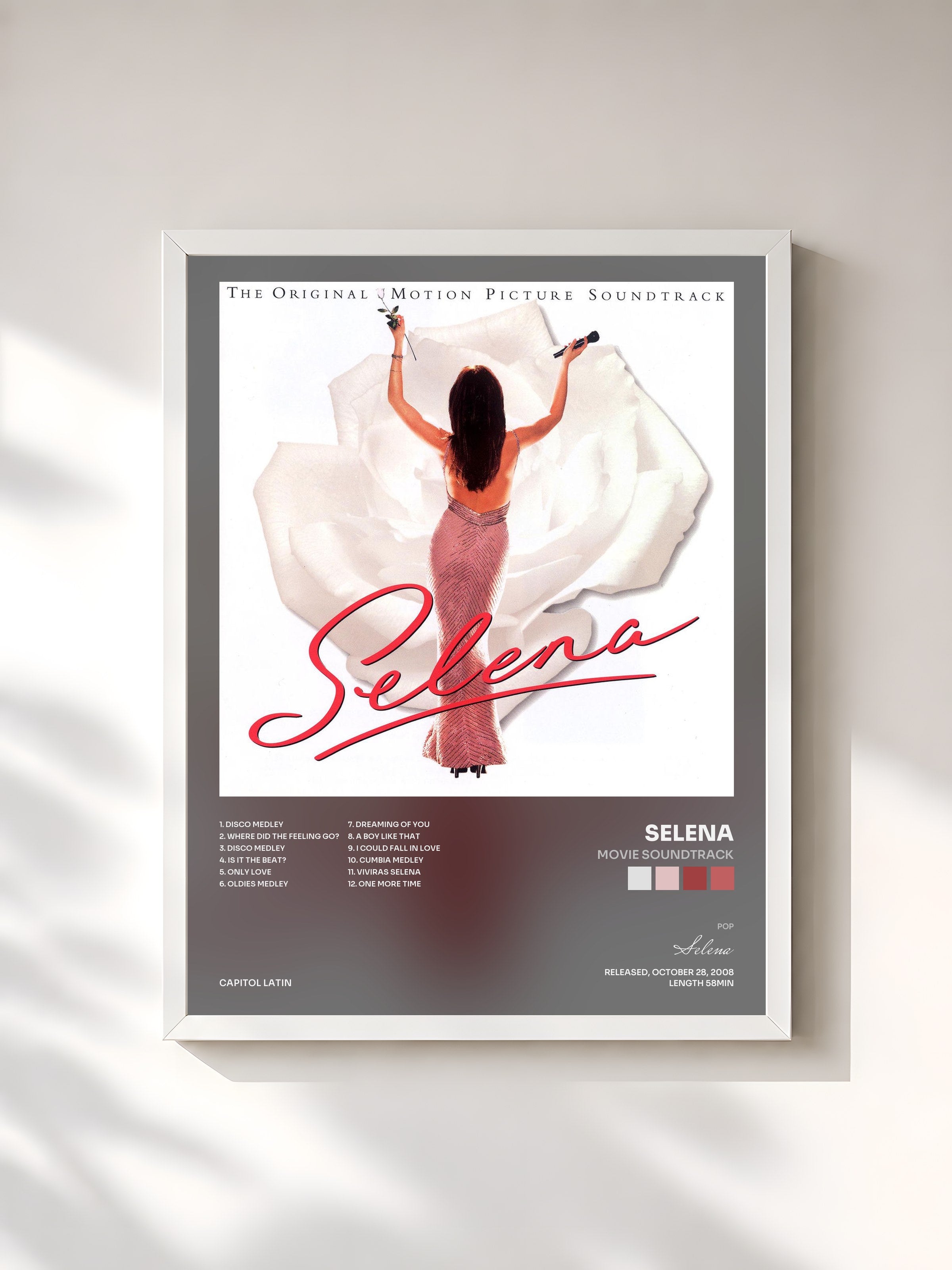 #blanc Tableau de l'album Movie Soundtrack de Selena, cadre blanc, imprimé et encadré en France