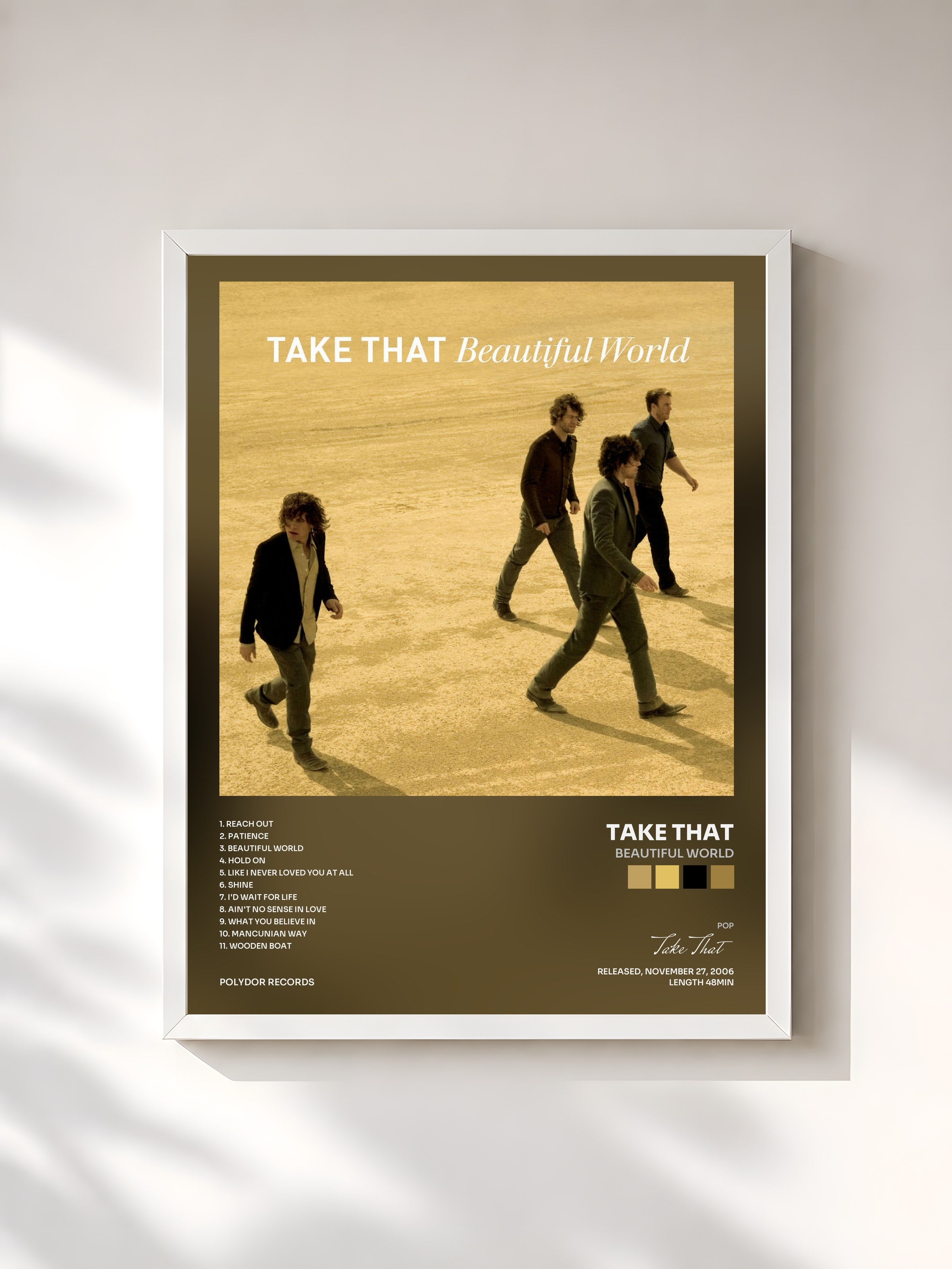 #blanc Tableau de l'album Beautiful World de Take That, cadre blanc, imprimé et encadré en France