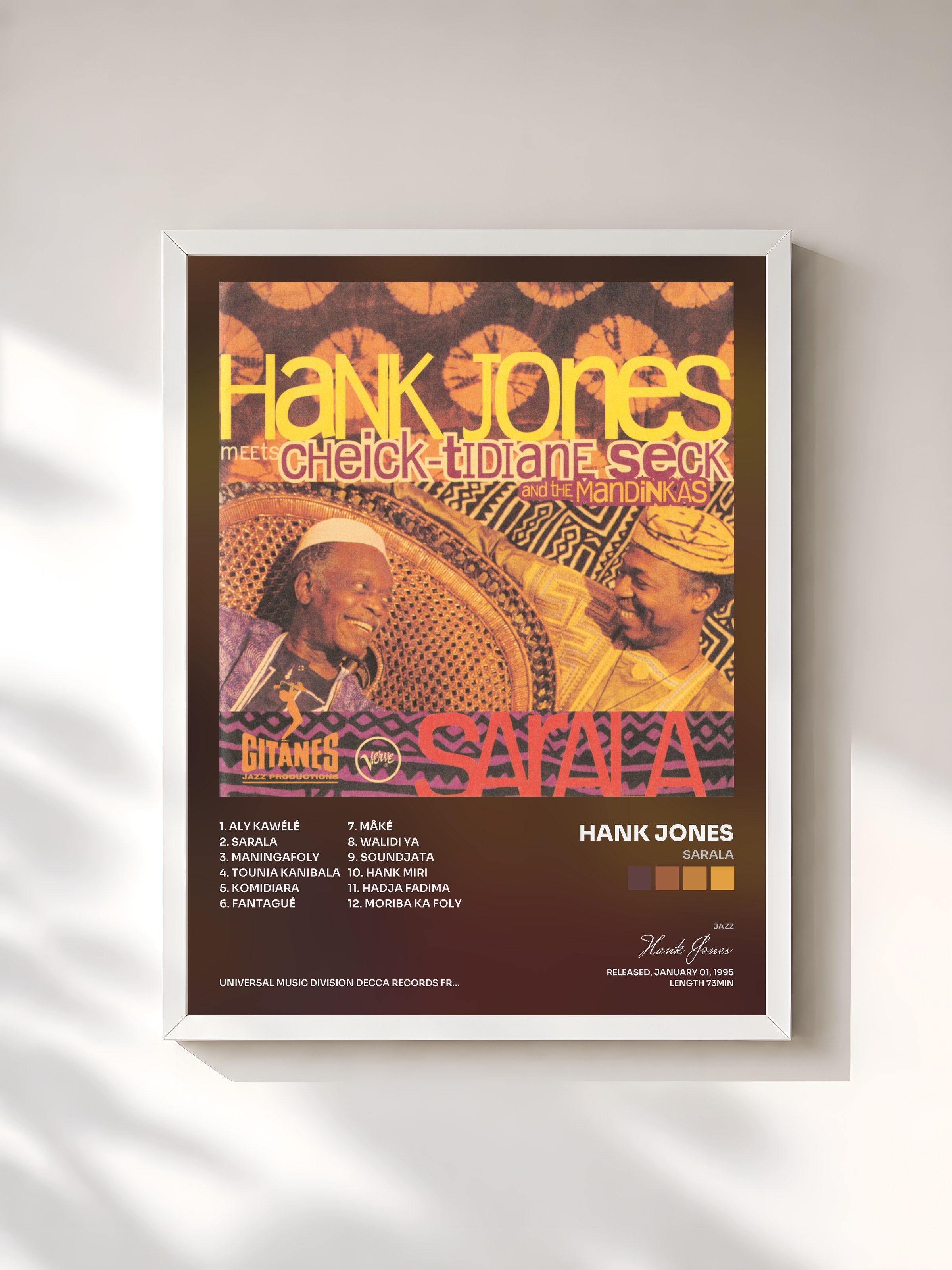 #blanc Tableau de l'album Sarala de Hank Jones, cadre blanc, imprimé et encadré en France