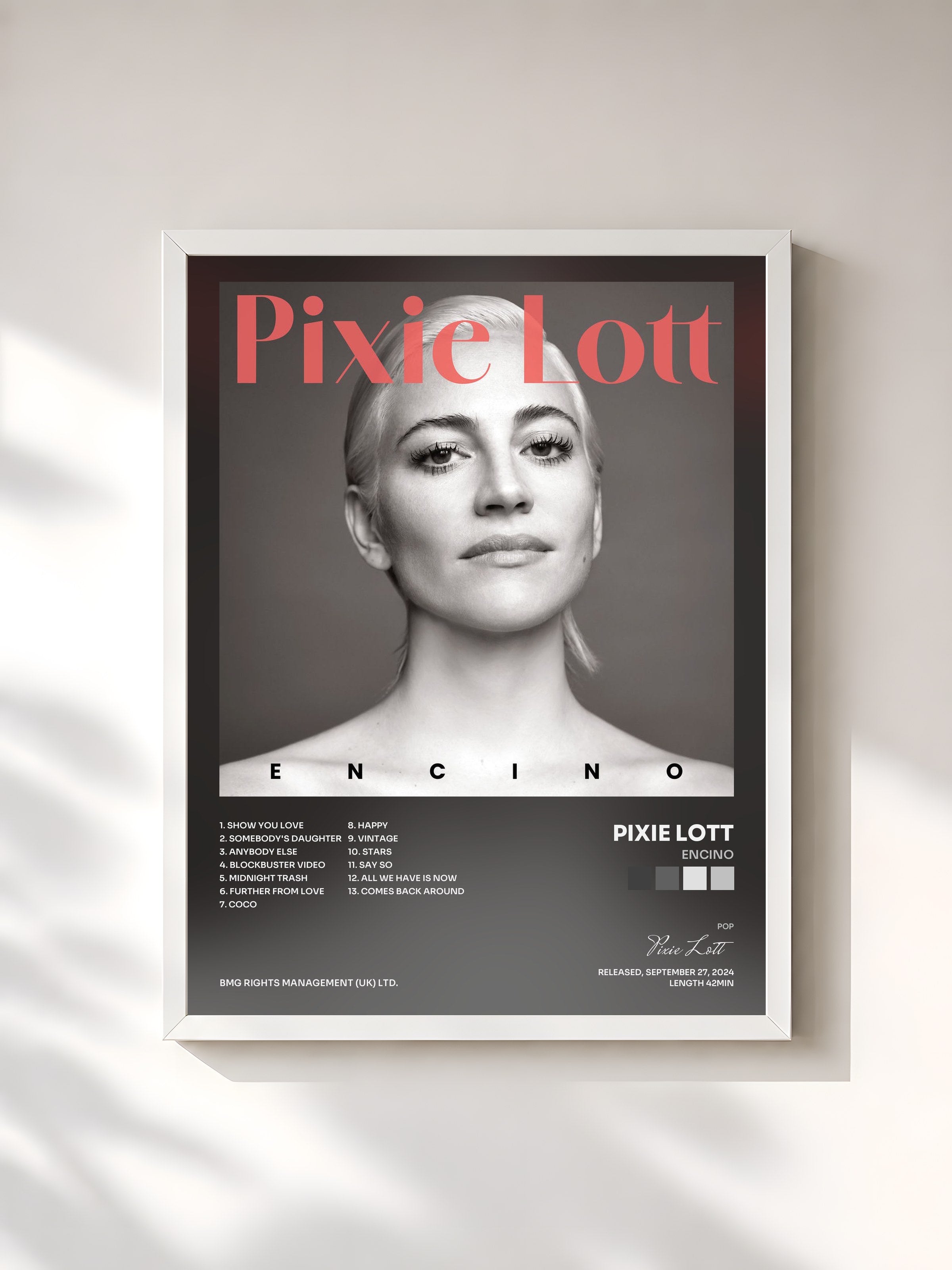 #blanc Tableau de l'album Encino de Pixie Lott, cadre blanc, imprimé et encadré en France