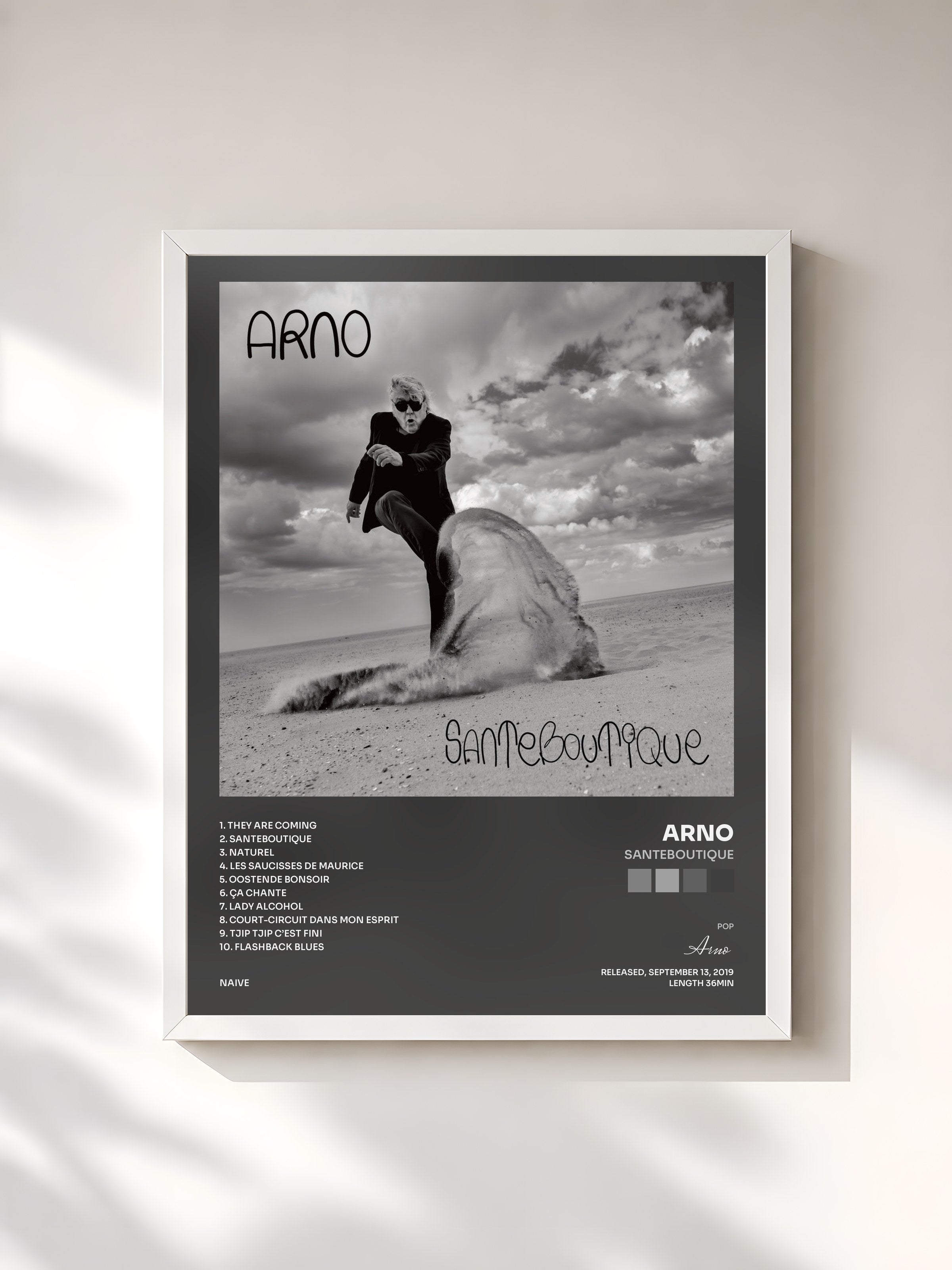 #blanc Tableau de l'album Santeboutique de Arno, cadre blanc, imprimé et encadré en France