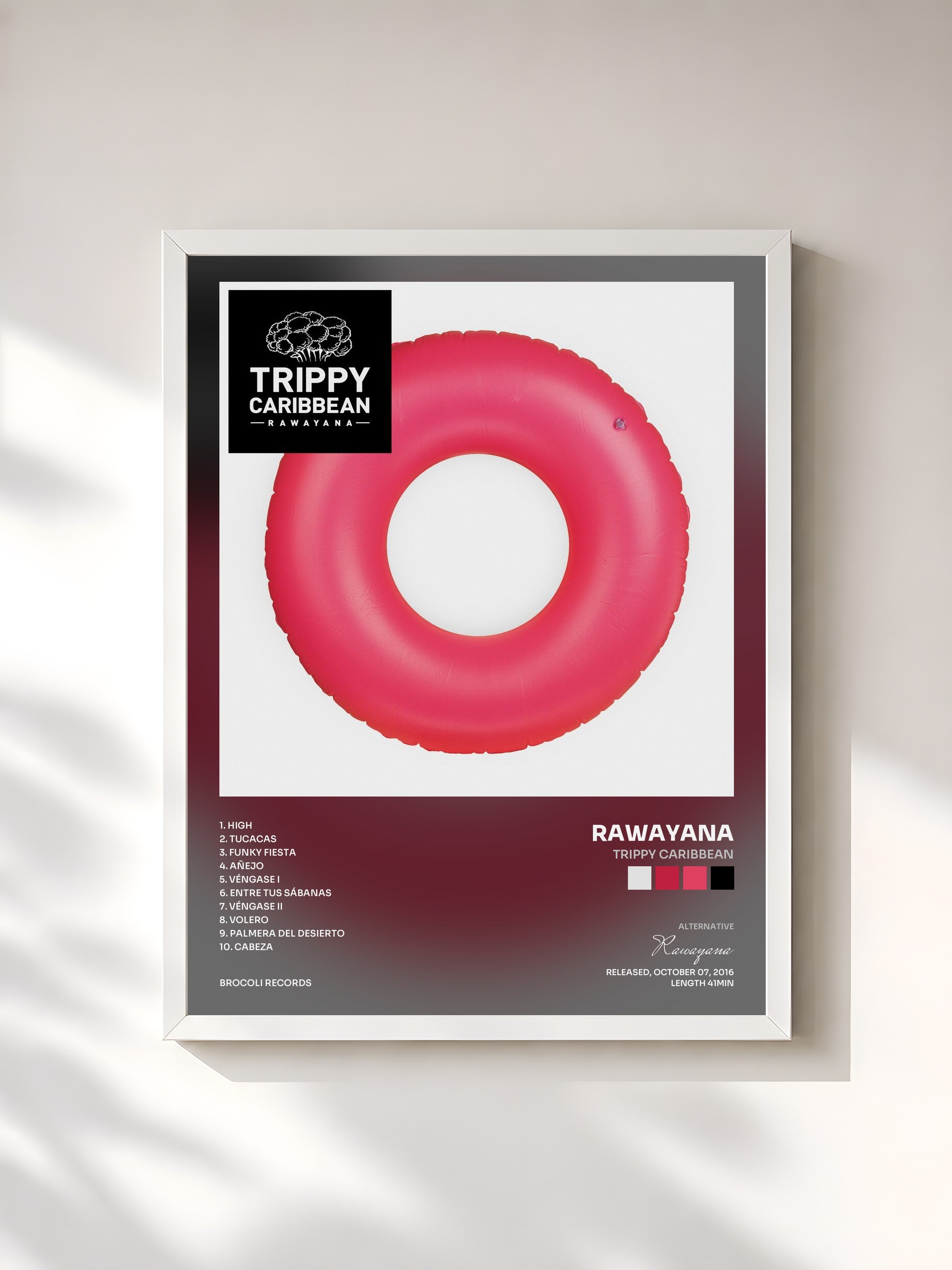 #blanc Tableau de l'album Trippy Caribbean de Rawayana, cadre blanc, imprimé et encadré en France
