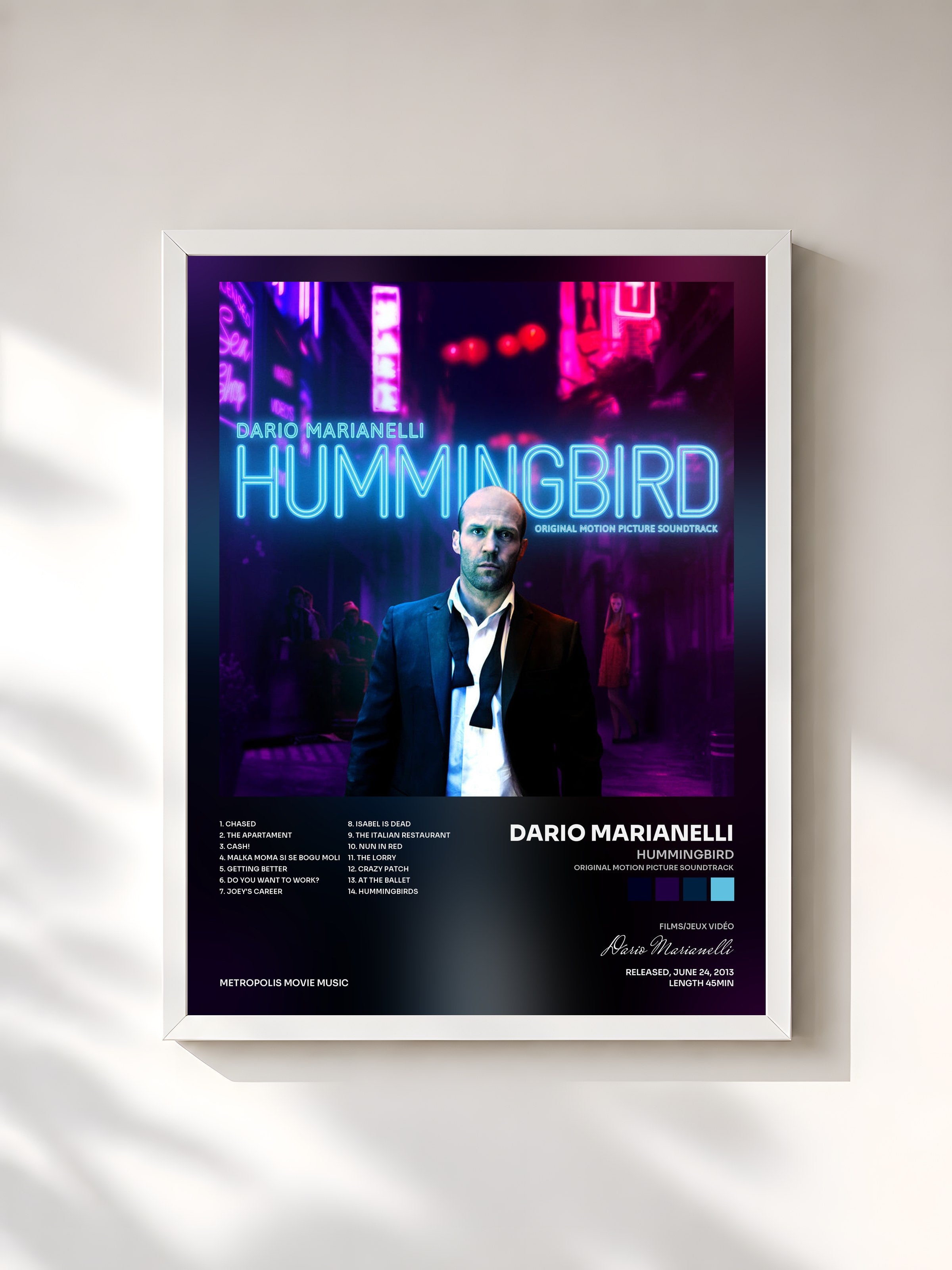 #blanc Tableau de l'album Hummingbird (Original Motion Picture Soundtrack) de Dario Marianelli, cadre blanc, imprimé et encadré en France