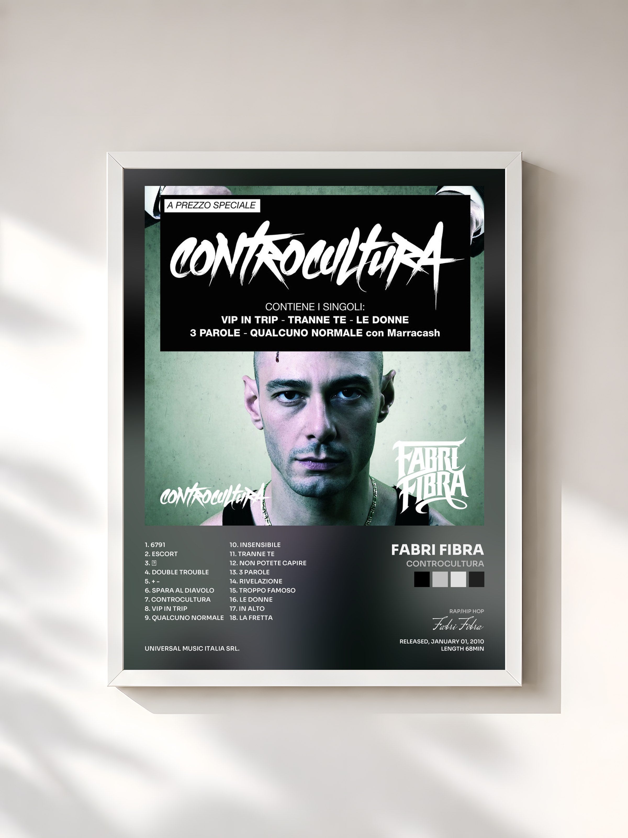 #blanc Tableau de l'album Controcultura de Fabri Fibra, cadre blanc, imprimé et encadré en France