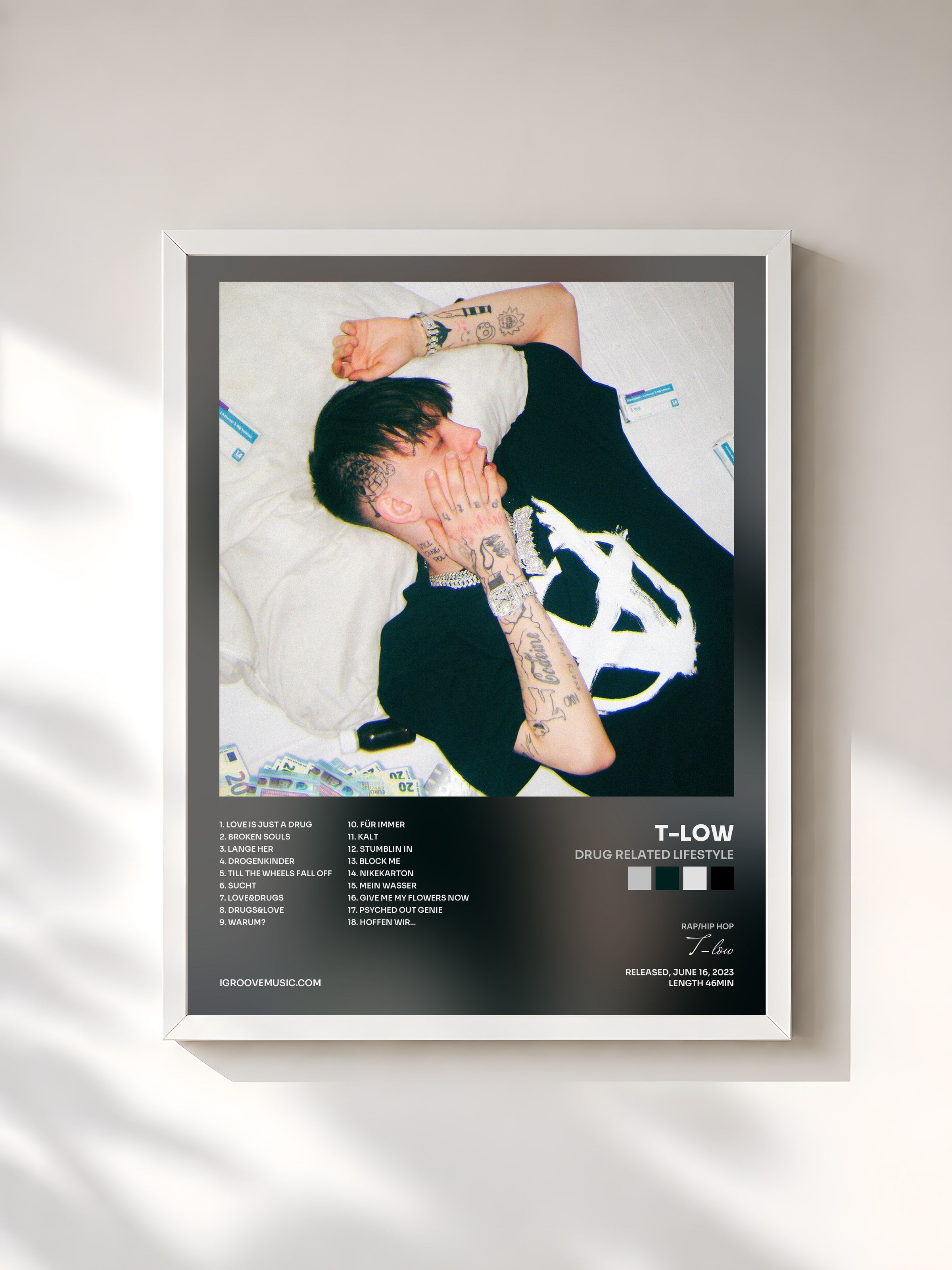 #blanc Tableau de l'album Drug Related Lifestyle de T-low, cadre blanc, imprimé et encadré en France