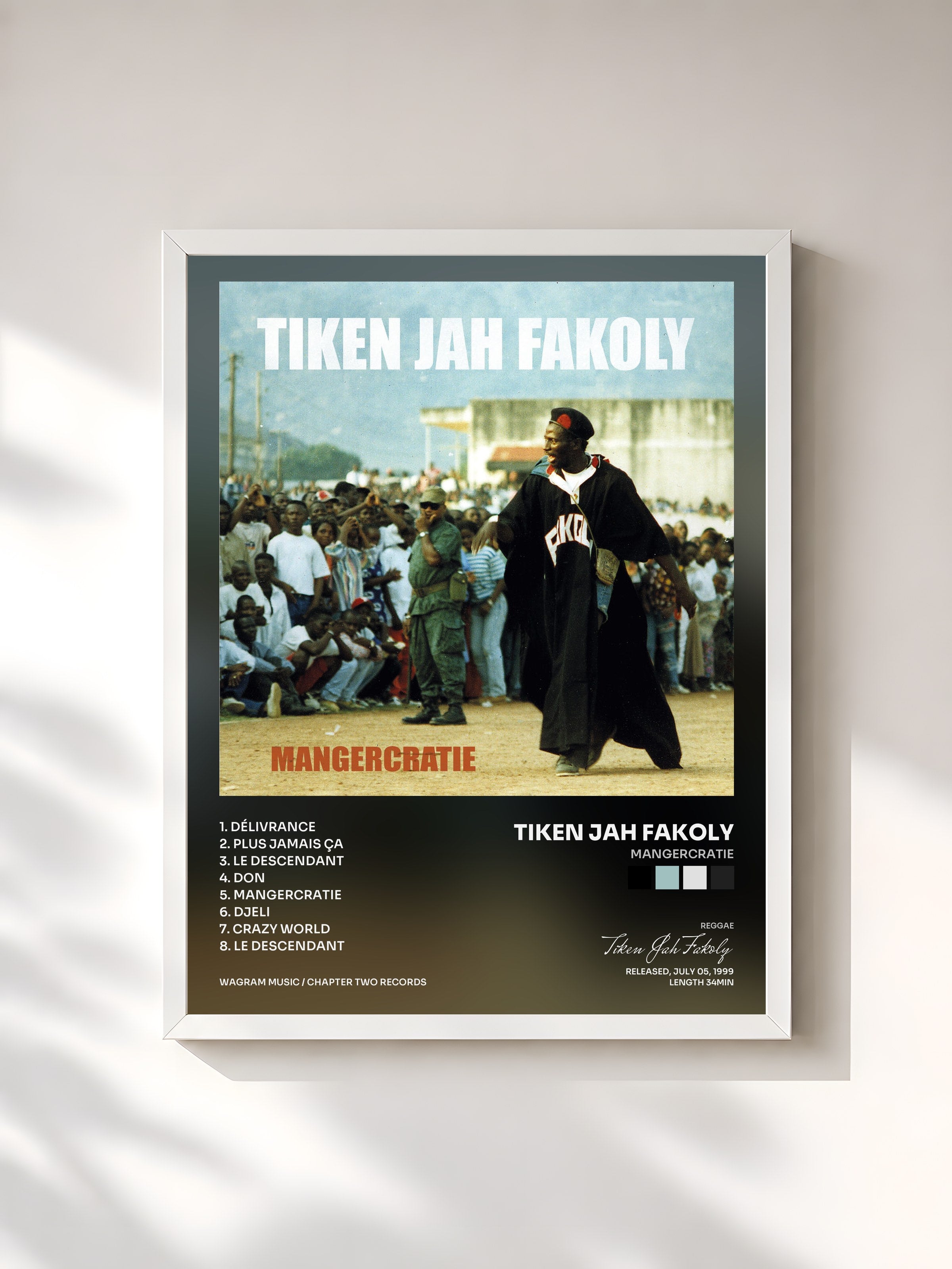 #blanc Tableau de l'album Mangercratie de Tiken Jah Fakoly, cadre blanc, imprimé et encadré en France