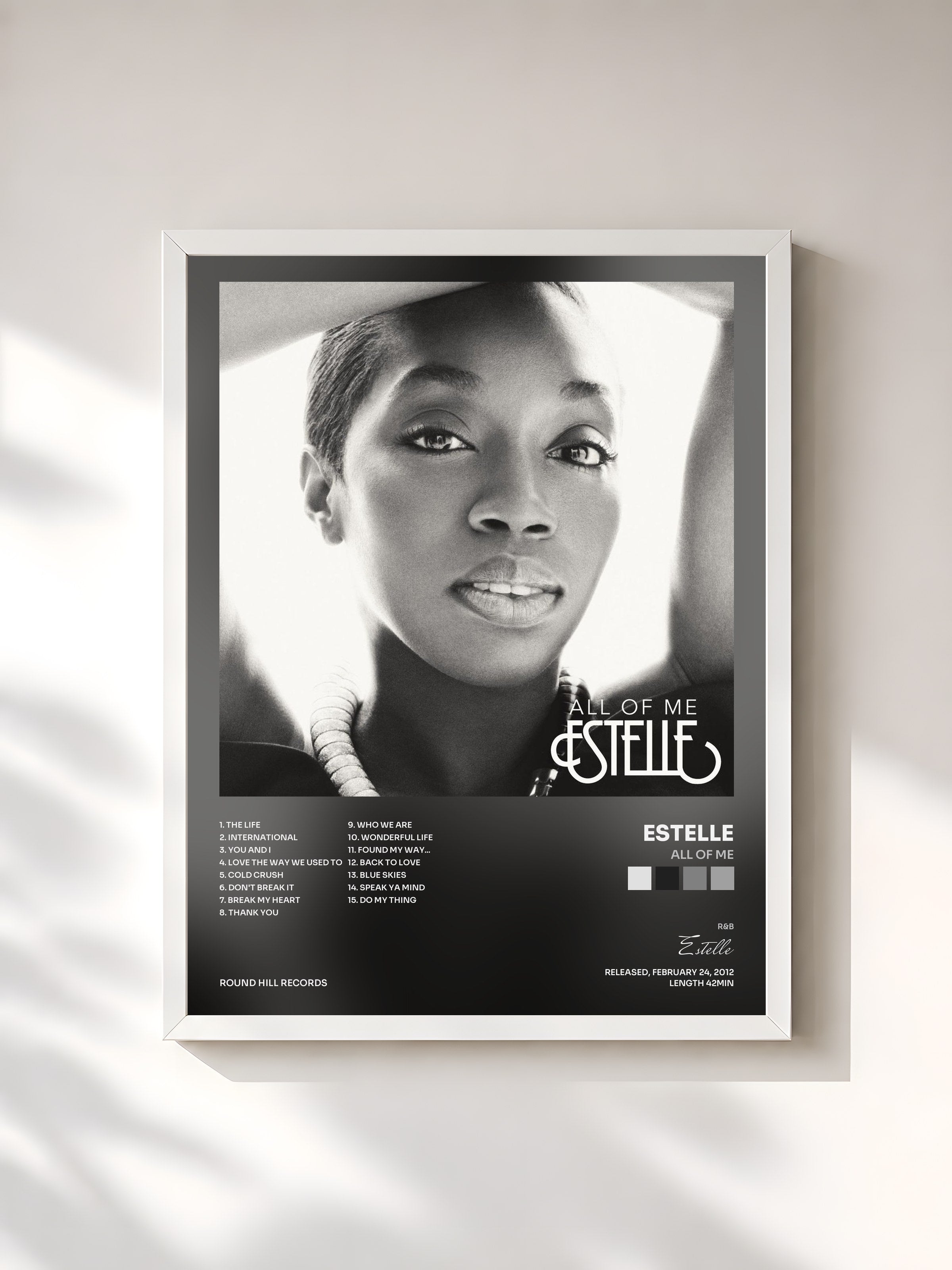 #blanc Tableau de l'album All of Me de Estelle, cadre blanc, imprimé et encadré en France