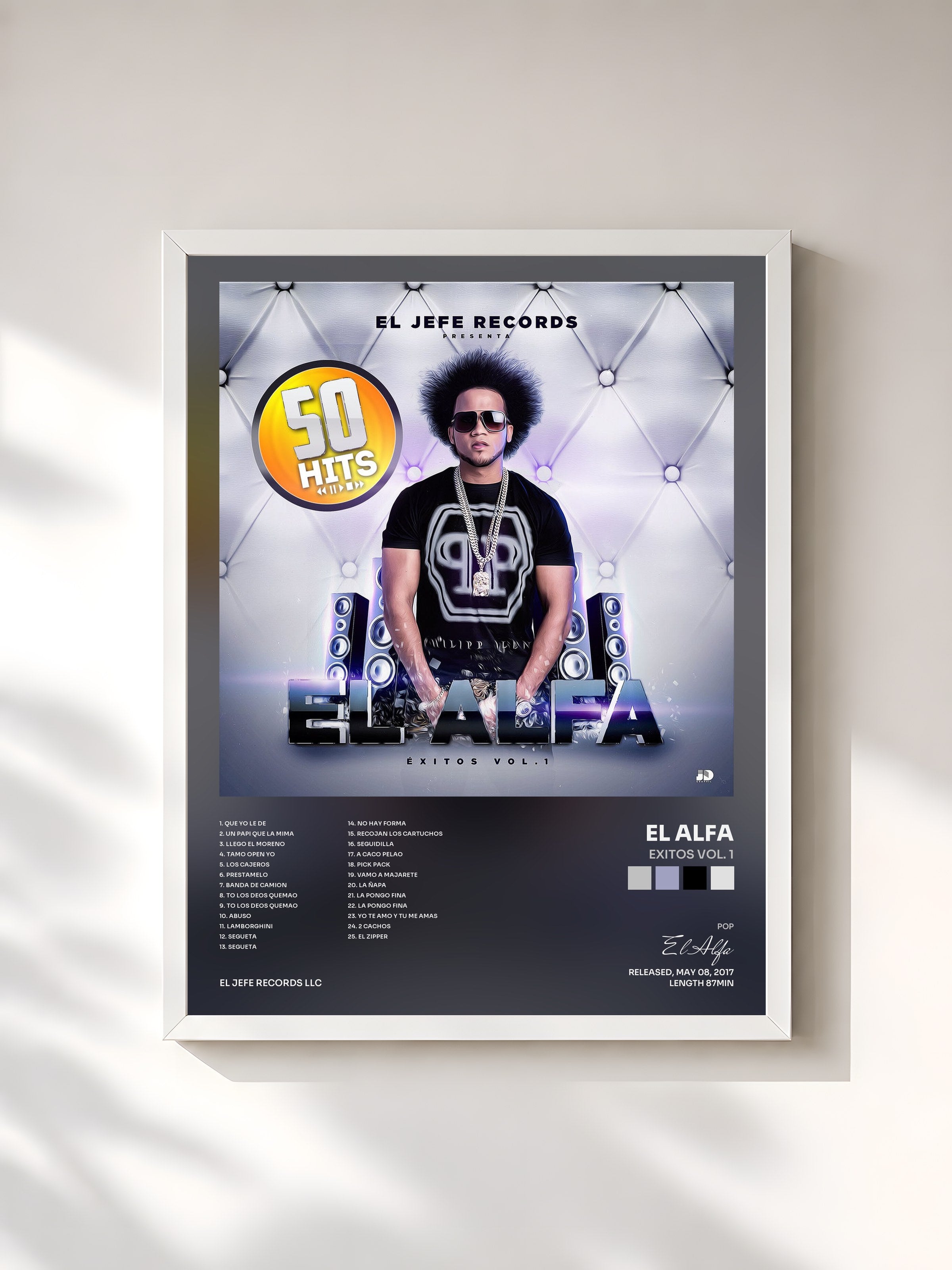#blanc Tableau de l'album Exitos Vol. 1 de El Alfa, cadre blanc, imprimé et encadré en France