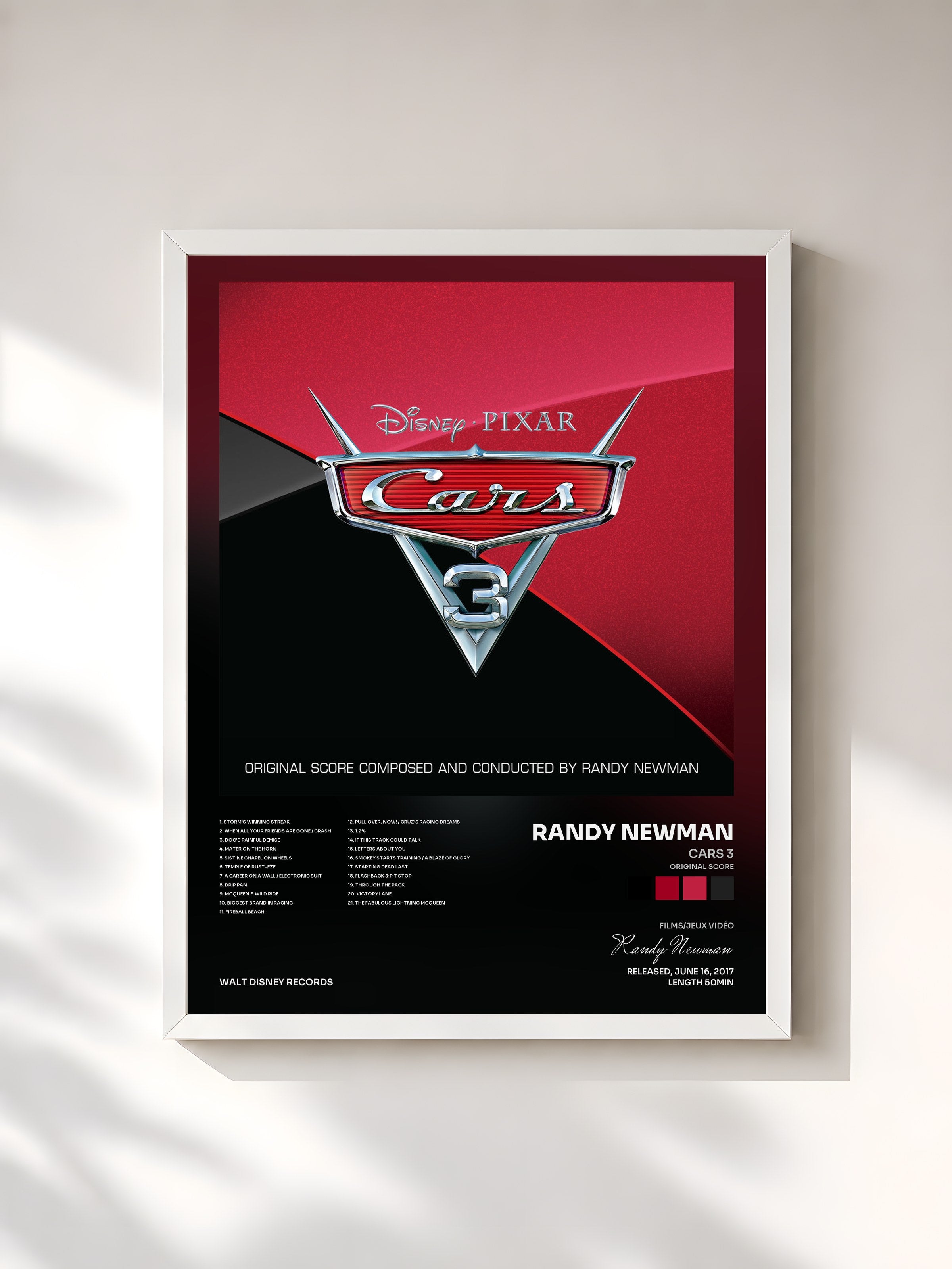 #blanc Tableau de l'album Cars 3 (Original Score) de Randy Newman, cadre blanc, imprimé et encadré en France