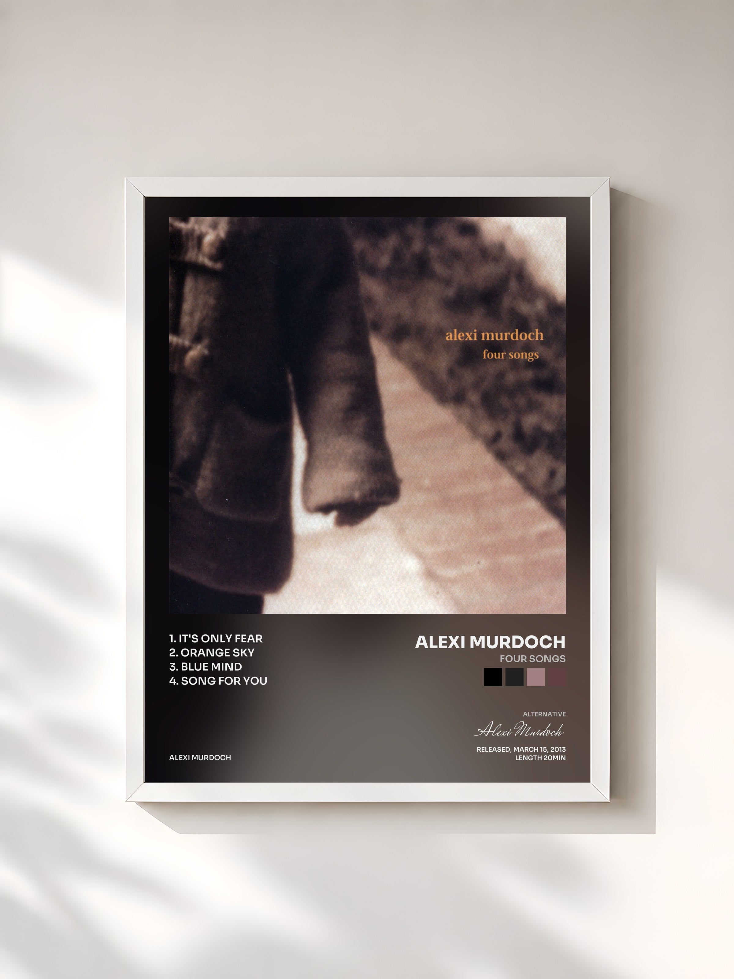 #blanc Tableau de l'album Four Songs de Alexi Murdoch, cadre blanc, imprimé et encadré en France