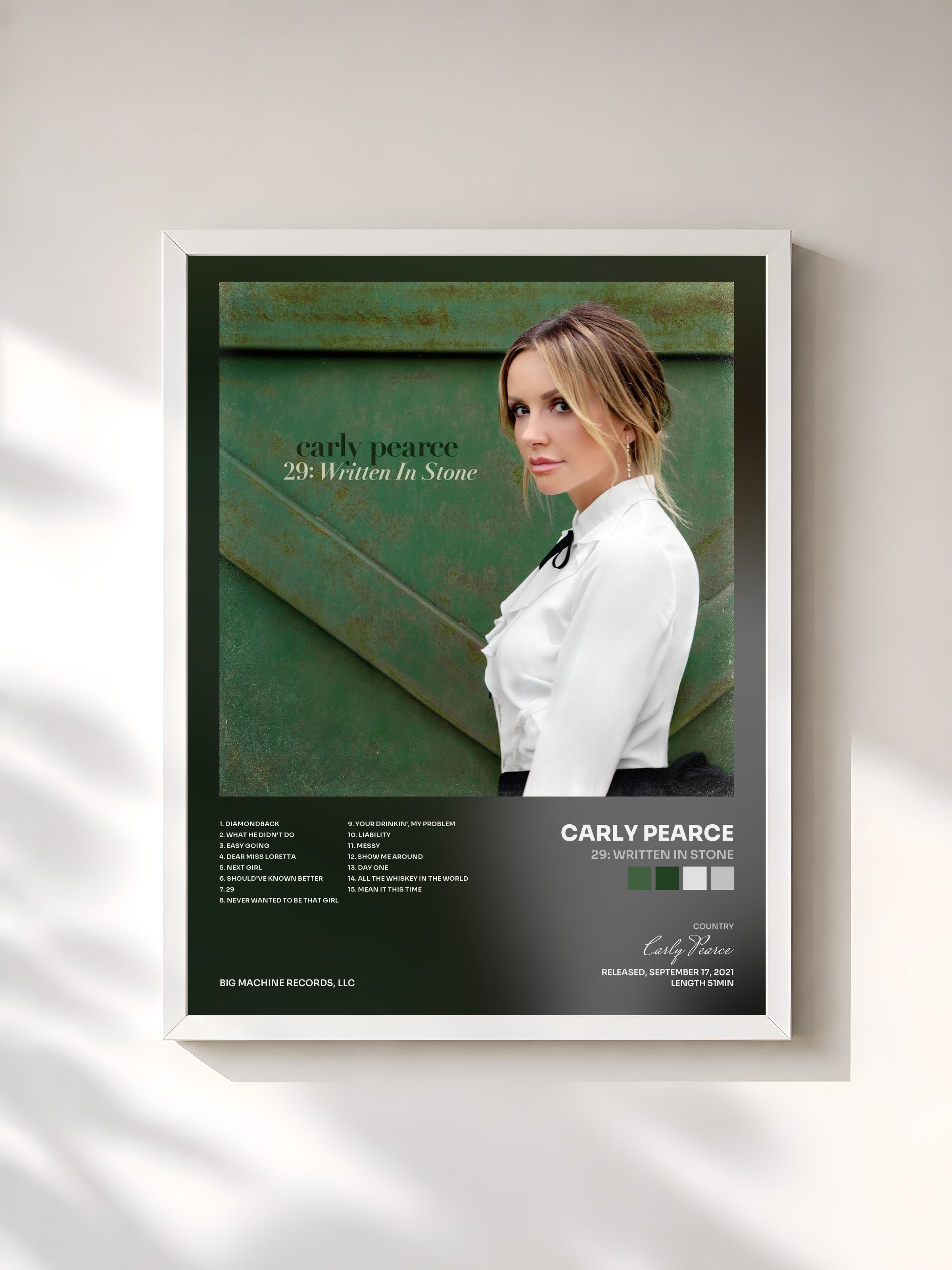 #blanc Tableau de l'album 29: Written In Stone de Carly Pearce, cadre blanc, imprimé et encadré en France