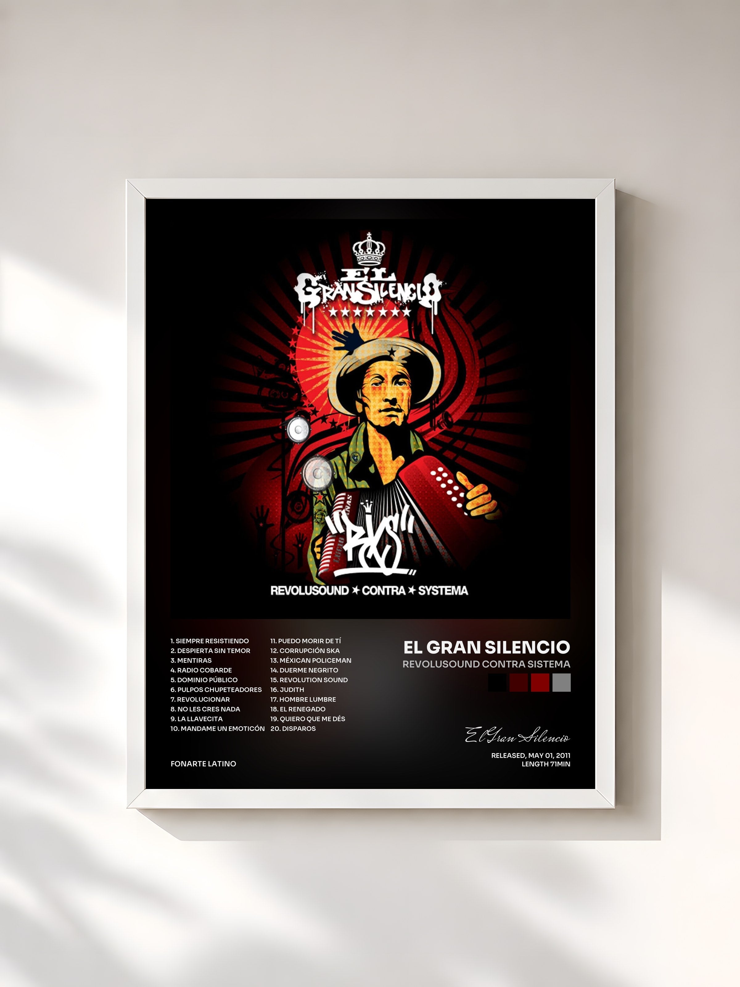 #blanc Tableau de l'album Revolusound Contra Sistema de El Gran Silencio, cadre blanc, imprimé et encadré en France