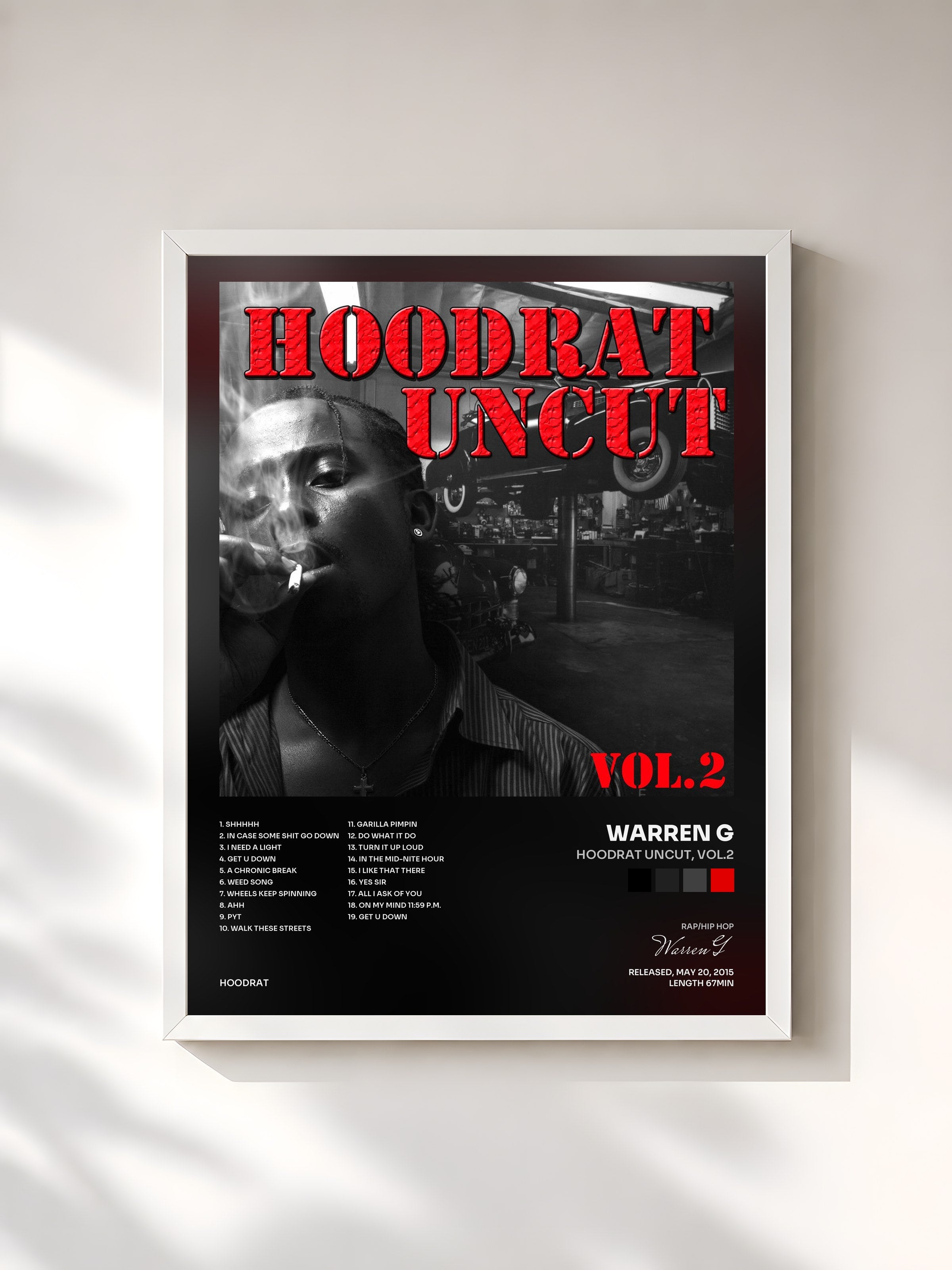 #blanc Tableau de l'album Hoodrat Uncut, Vol.2 de Warren G, cadre blanc, imprimé et encadré en France