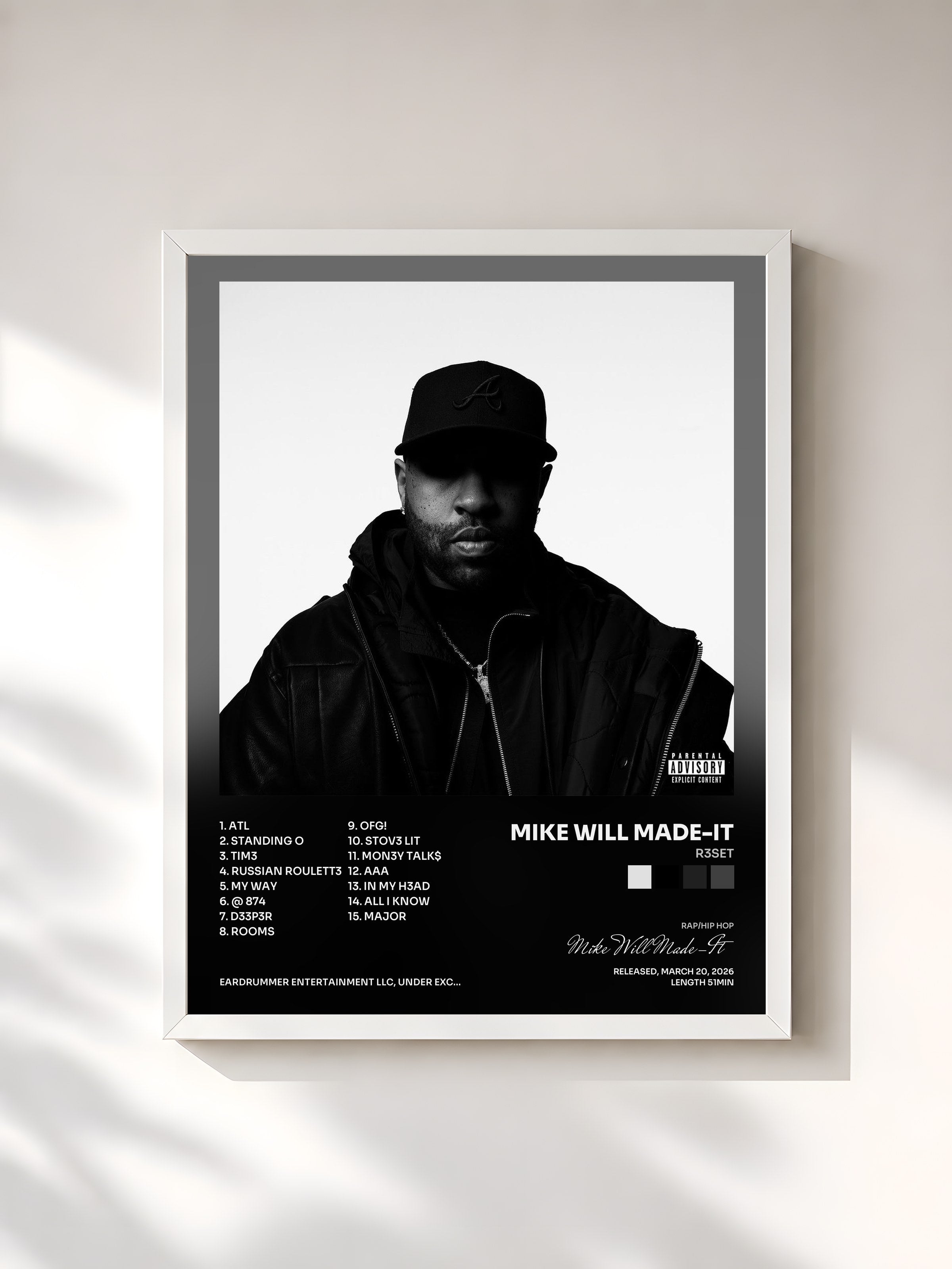 #blanc Tableau de l'album R3SET de Mike Will Made-It, cadre blanc, imprimé et encadré en France