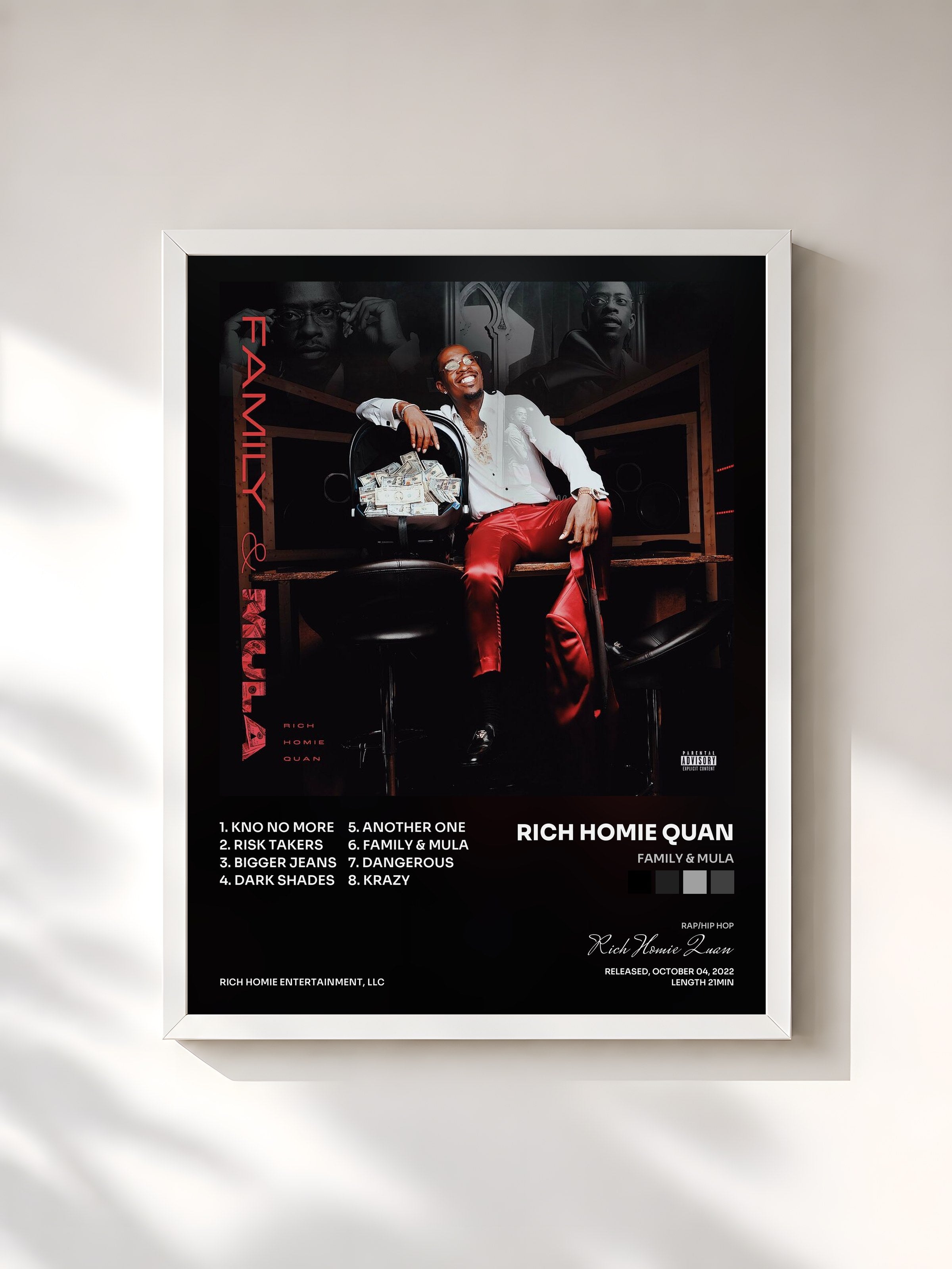 #blanc Tableau de l'album Family & Mula de Rich Homie Quan, cadre blanc, imprimé et encadré en France
