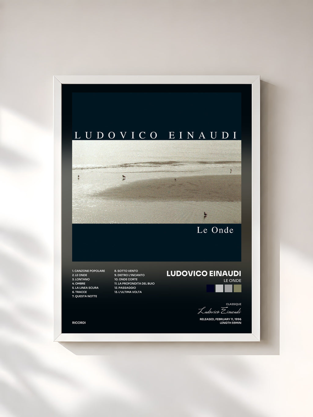 #blanc Tableau de l'album Le Onde de Ludovico Einaudi, cadre blanc, imprimé et encadré en France