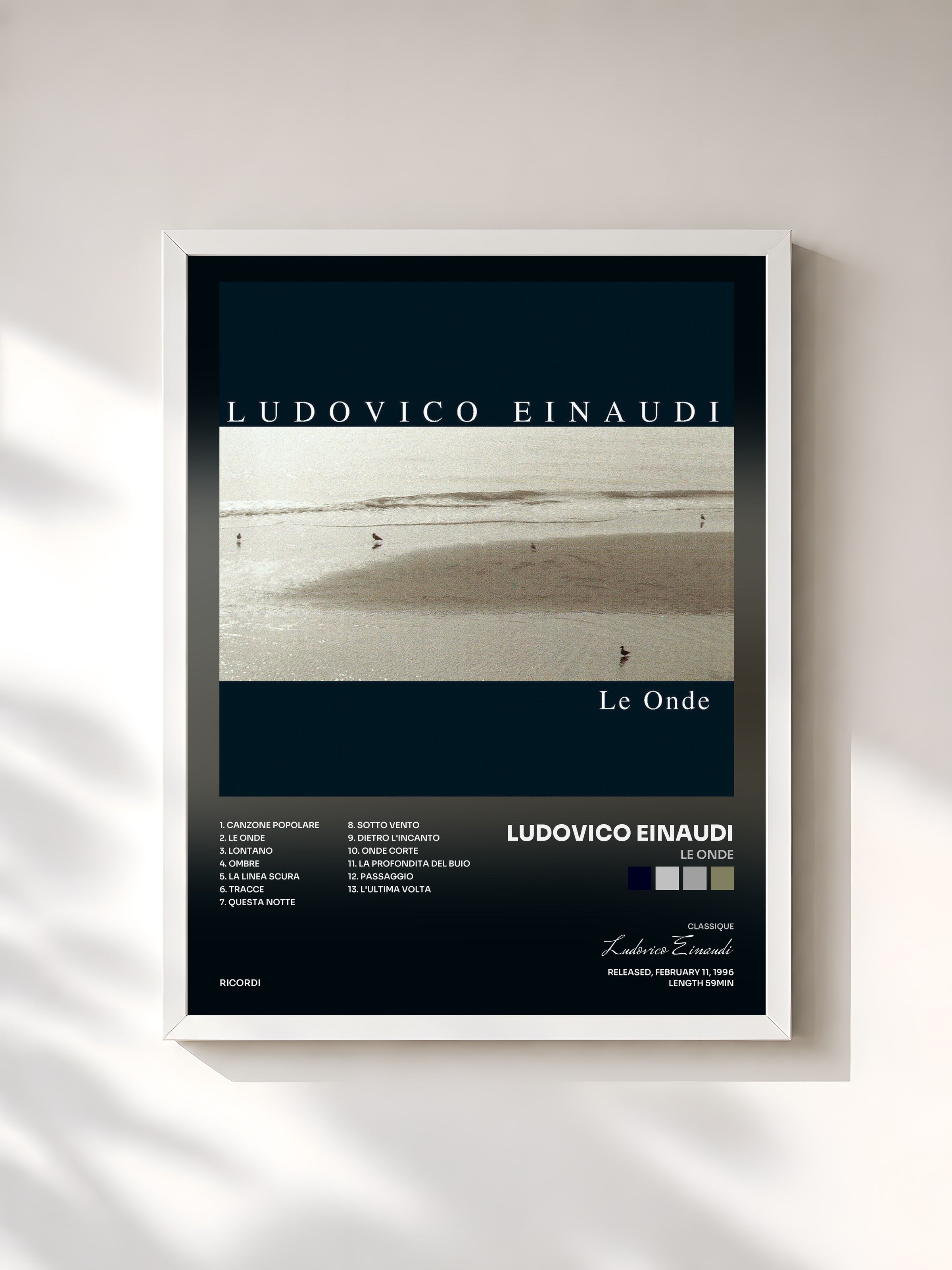 #blanc Tableau de l'album Le Onde de Ludovico Einaudi, cadre blanc, imprimé et encadré en France