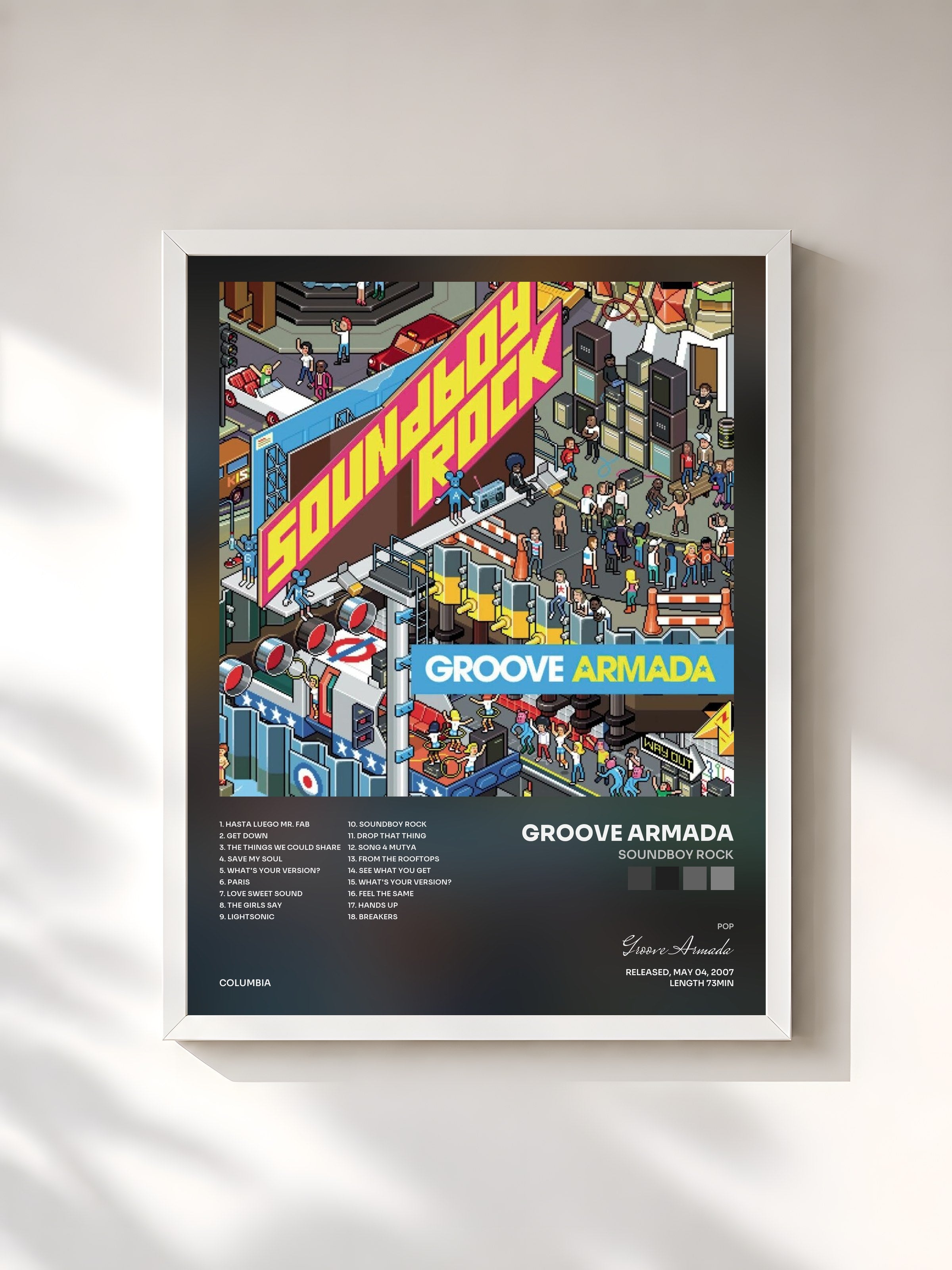 #blanc Tableau de l'album Soundboy Rock de Groove Armada, cadre blanc, imprimé et encadré en France