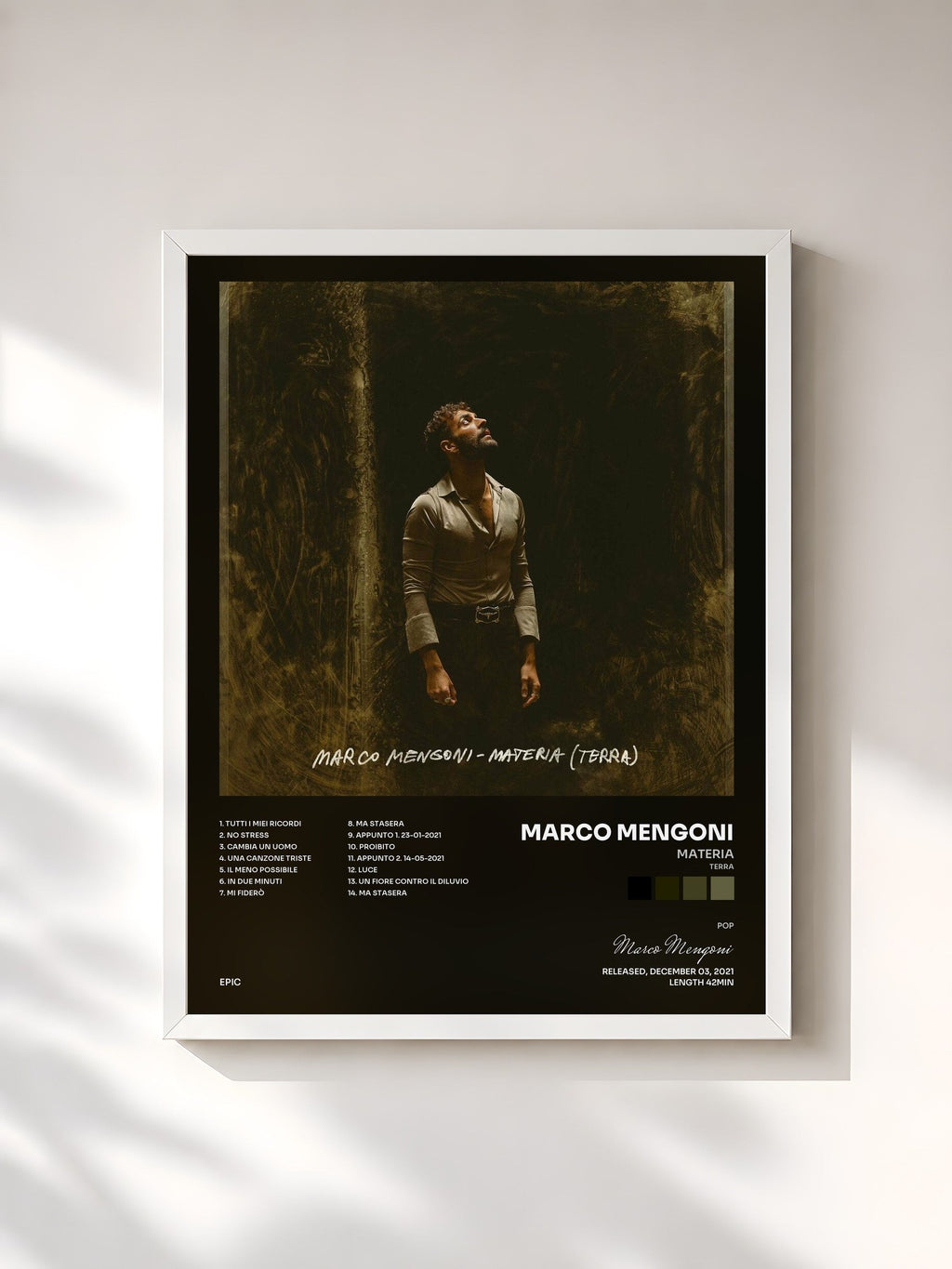 #blanc Tableau de l'album MATERIA (TERRA) de Marco Mengoni, cadre blanc, imprimé et encadré en France