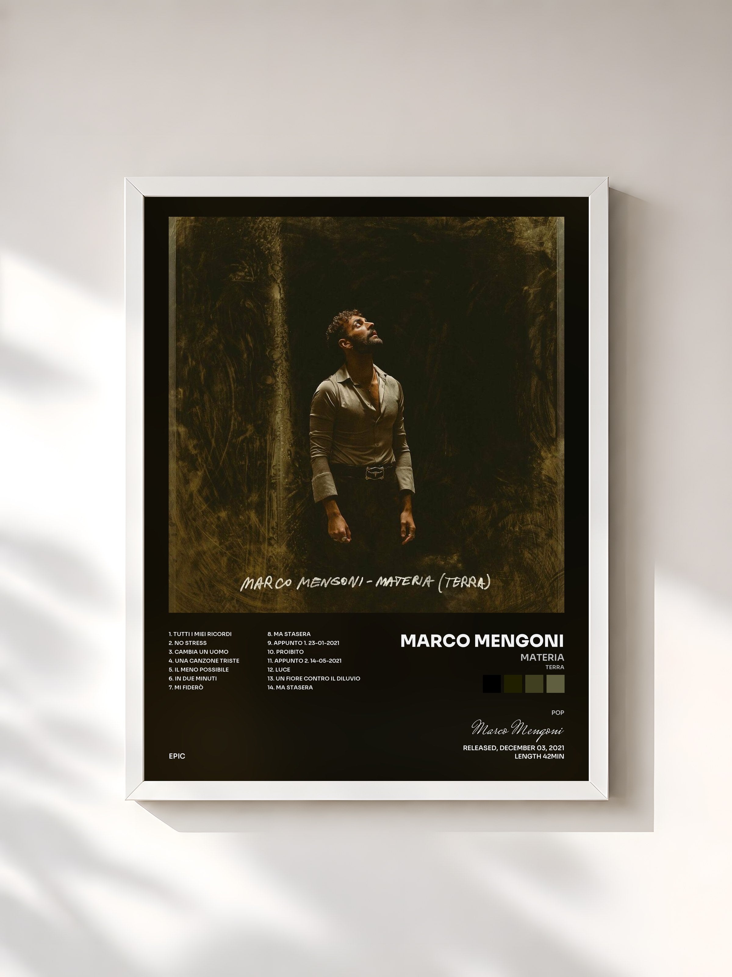 #blanc Tableau de l'album MATERIA (TERRA) de Marco Mengoni, cadre blanc, imprimé et encadré en France