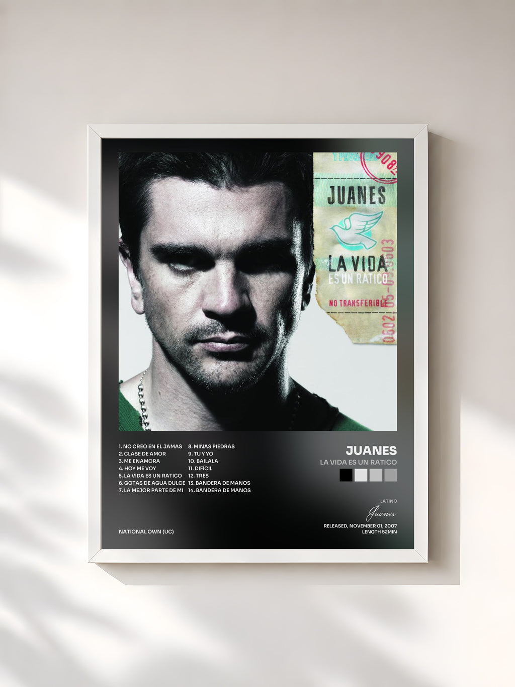 #blanc Tableau de l'album La Vida Es Un Ratico de Juanes, cadre blanc, imprimé et encadré en France