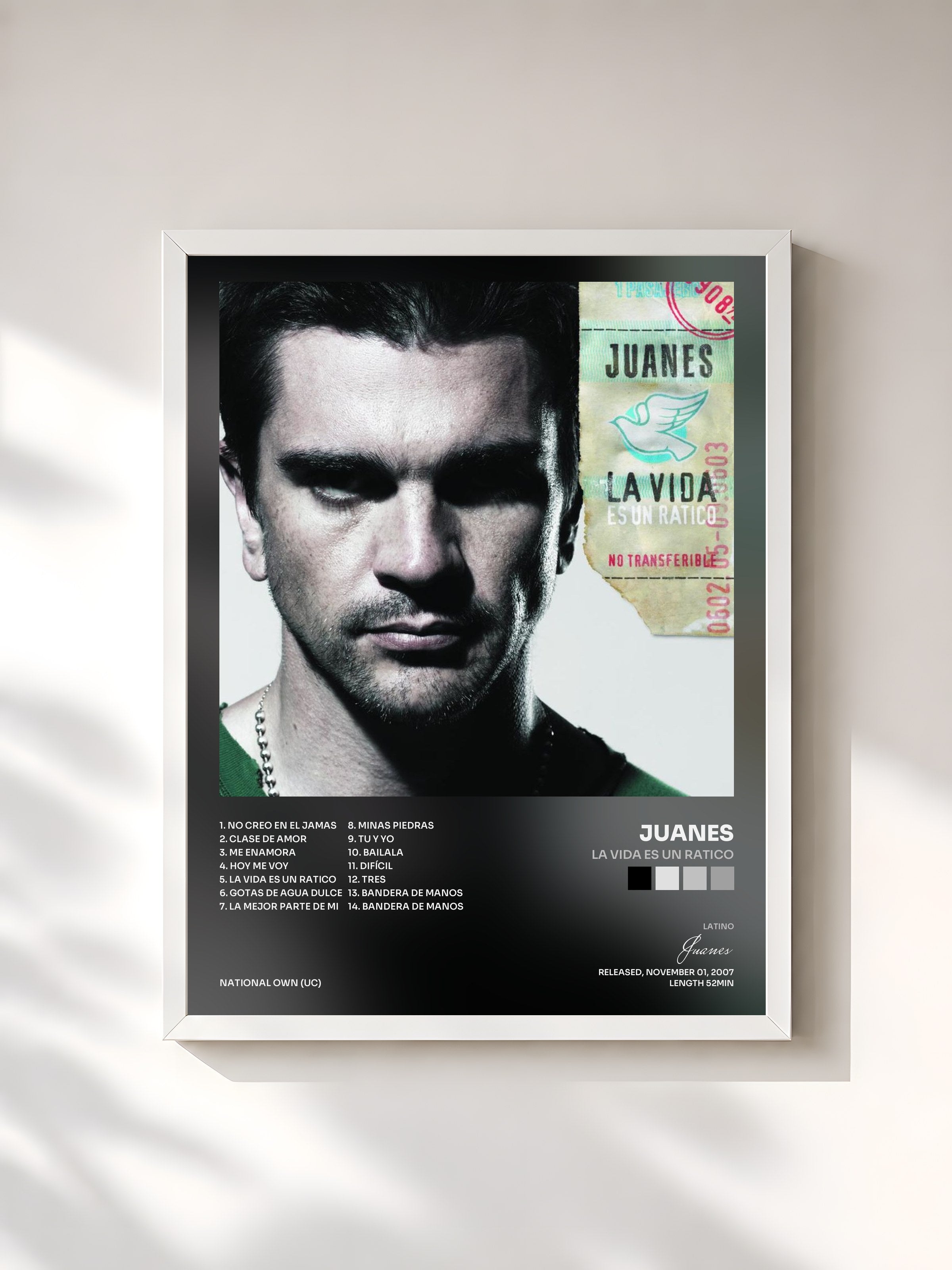 #blanc Tableau de l'album La Vida Es Un Ratico de Juanes, cadre blanc, imprimé et encadré en France