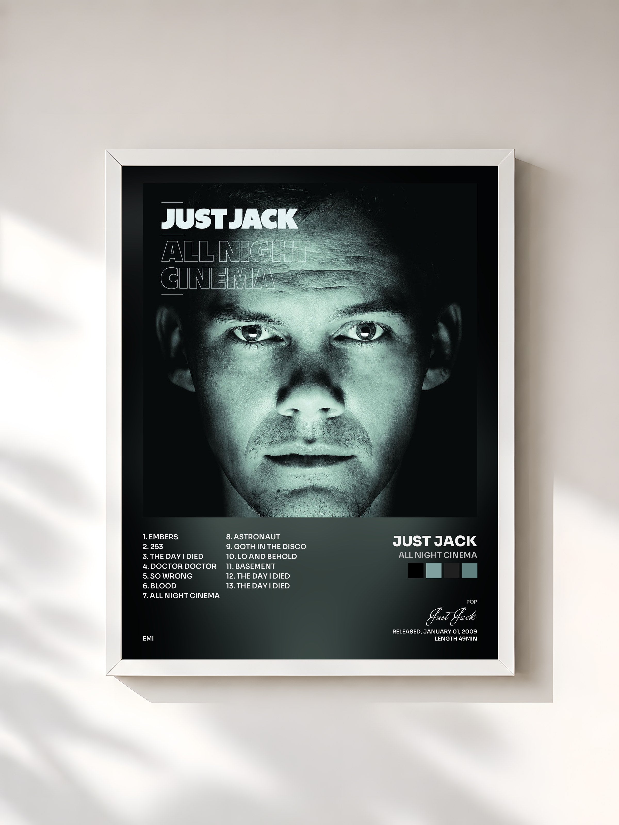 #blanc Tableau de l'album All Night Cinema de Just Jack, cadre blanc, imprimé et encadré en France