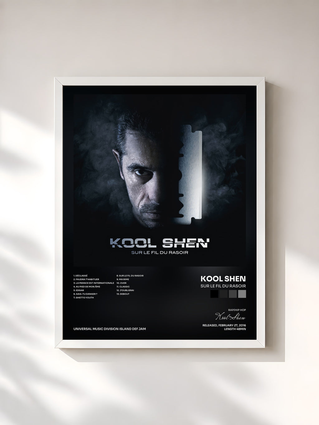 #blanc Tableau de l'album Sur le fil du rasoir de Kool Shen, cadre blanc, imprimé et encadré en France