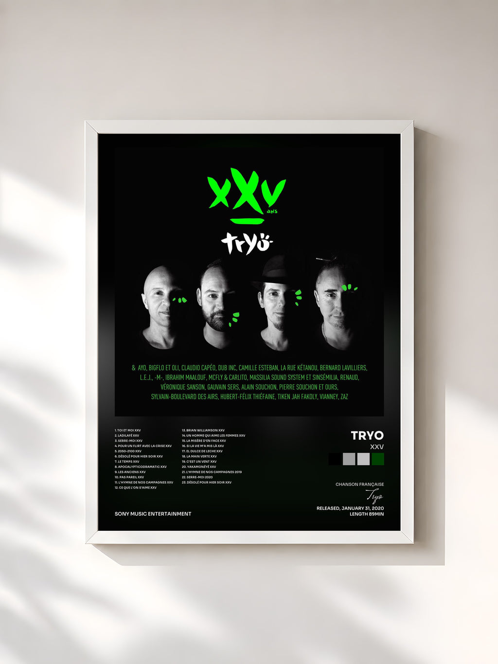 #blanc Tableau de l'album XXV de Tryo, cadre blanc, imprimé et encadré en France