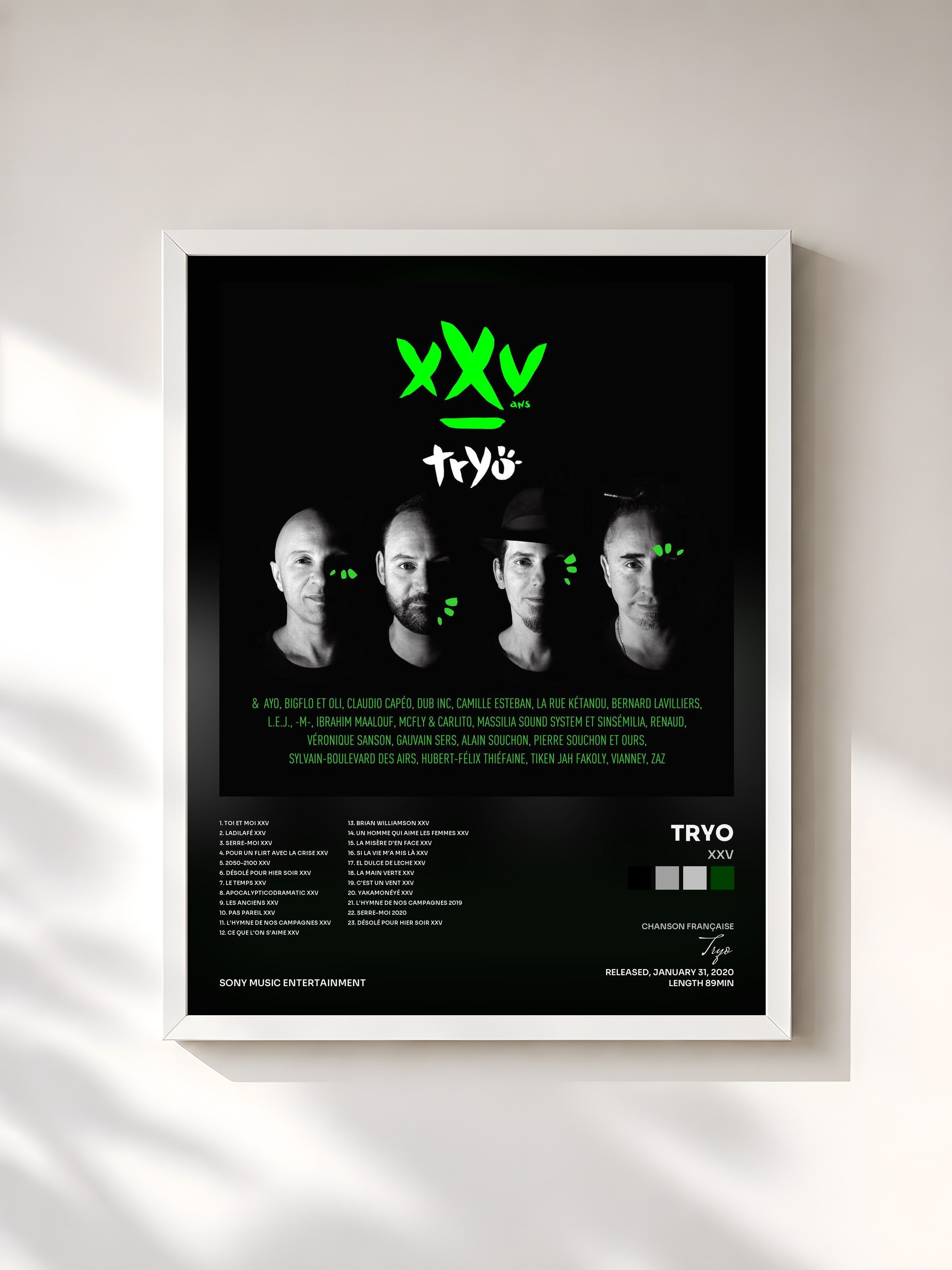 #blanc Tableau de l'album XXV de Tryo, cadre blanc, imprimé et encadré en France