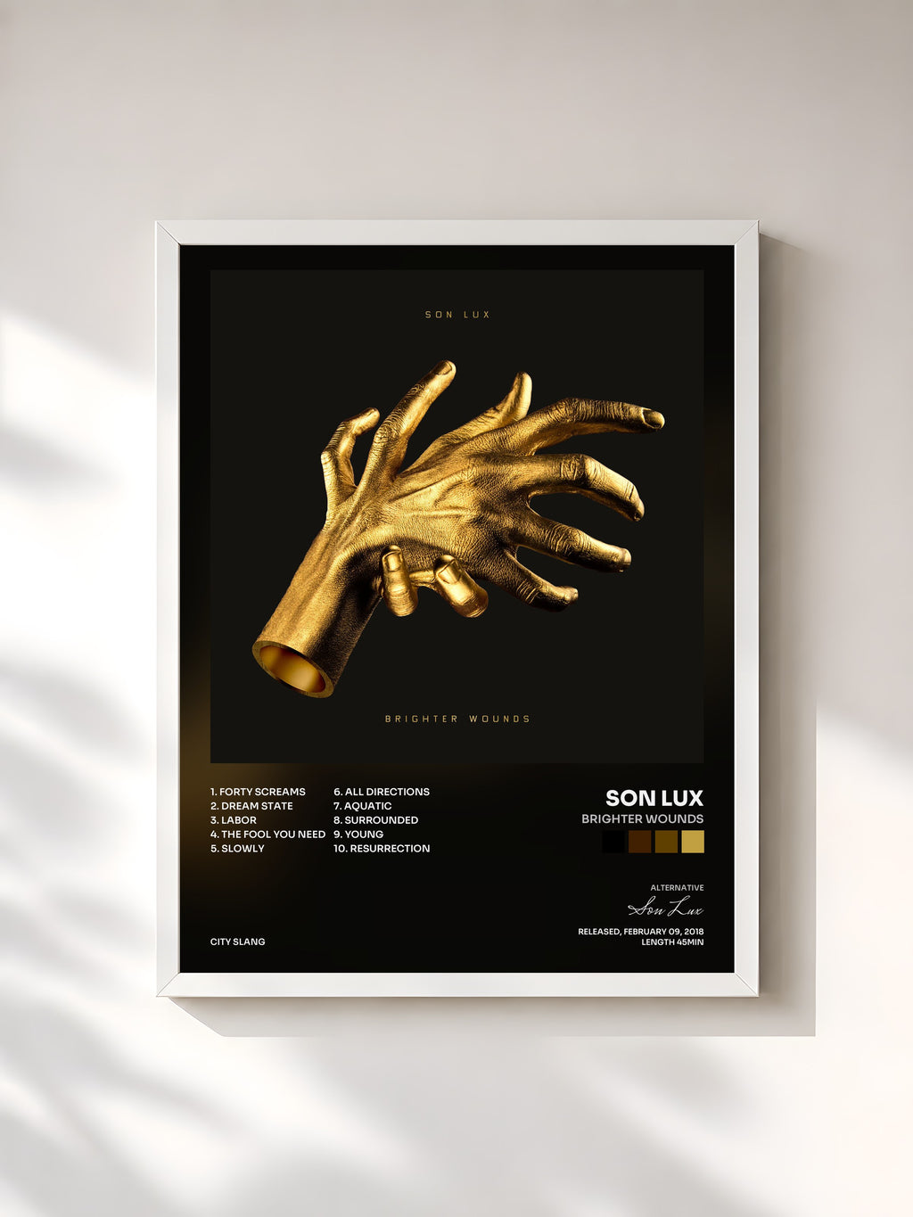 #blanc Tableau de l'album Brighter Wounds de Son Lux, cadre blanc, imprimé et encadré en France