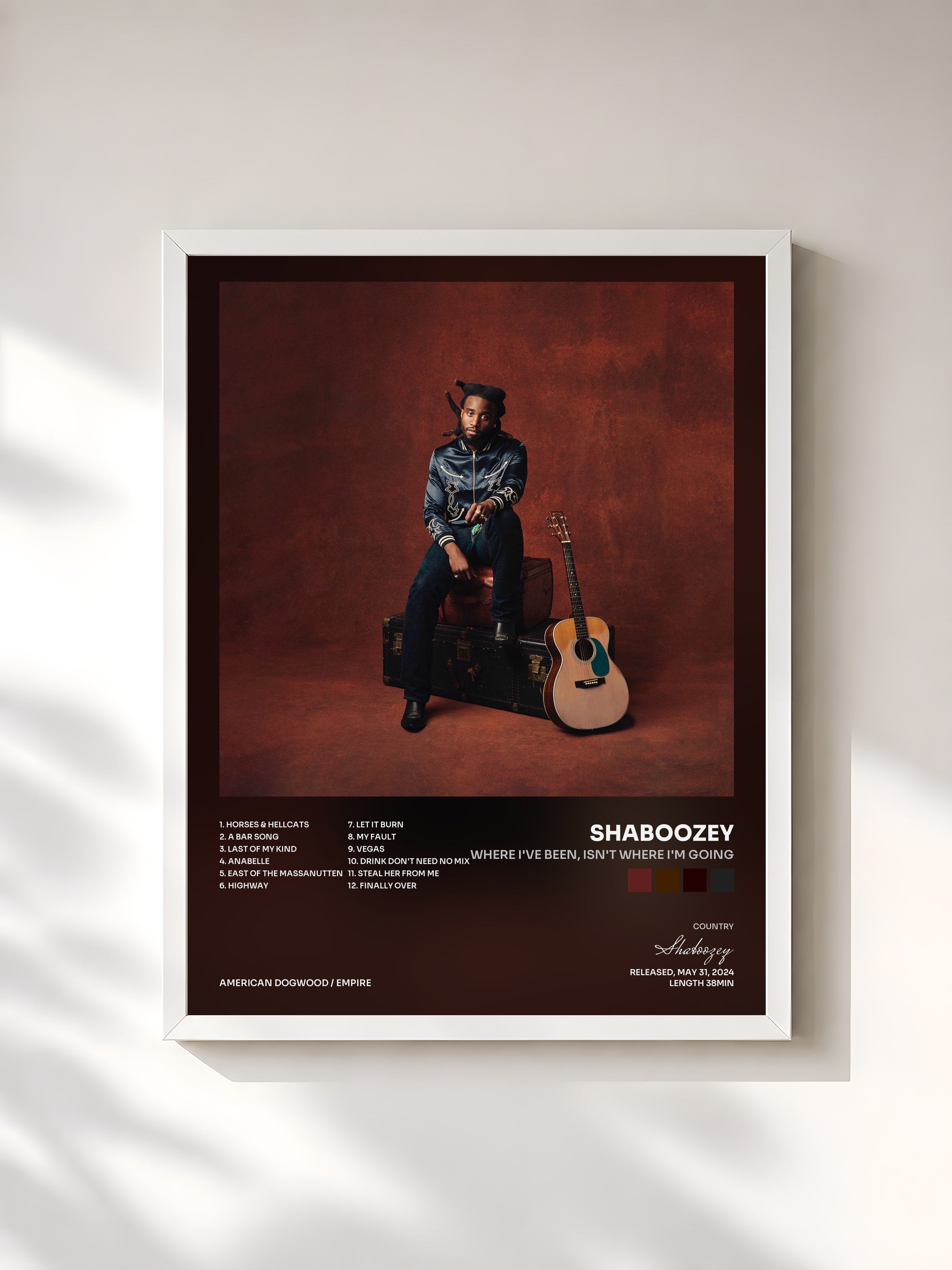 #blanc Tableau de l'album Where I've Been, Isn't Where I'm Going de Shaboozey, cadre blanc, imprimé et encadré en France