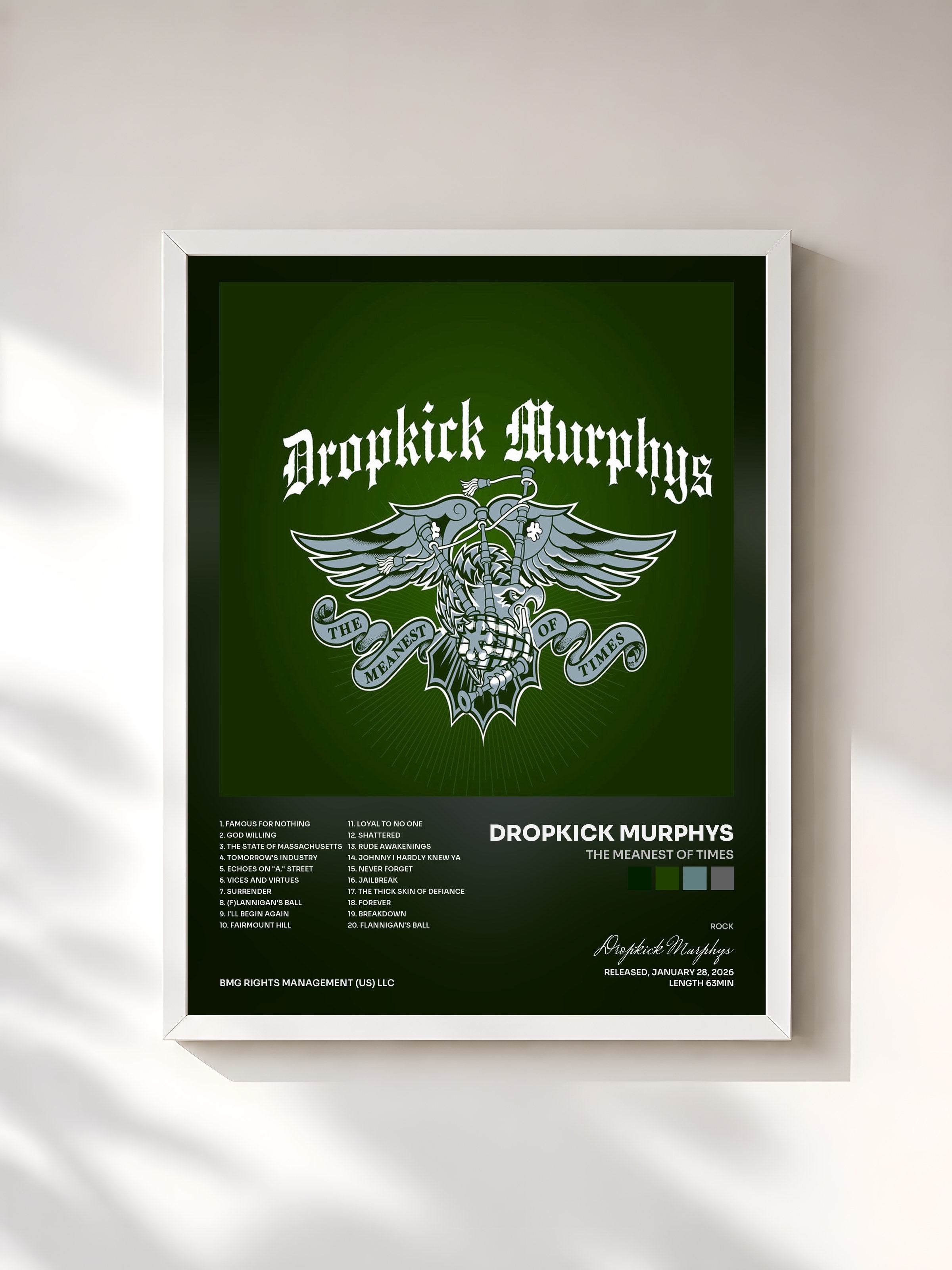 #blanc Tableau de l'album The Meanest of Times de Dropkick Murphys, cadre blanc, imprimé et encadré en France