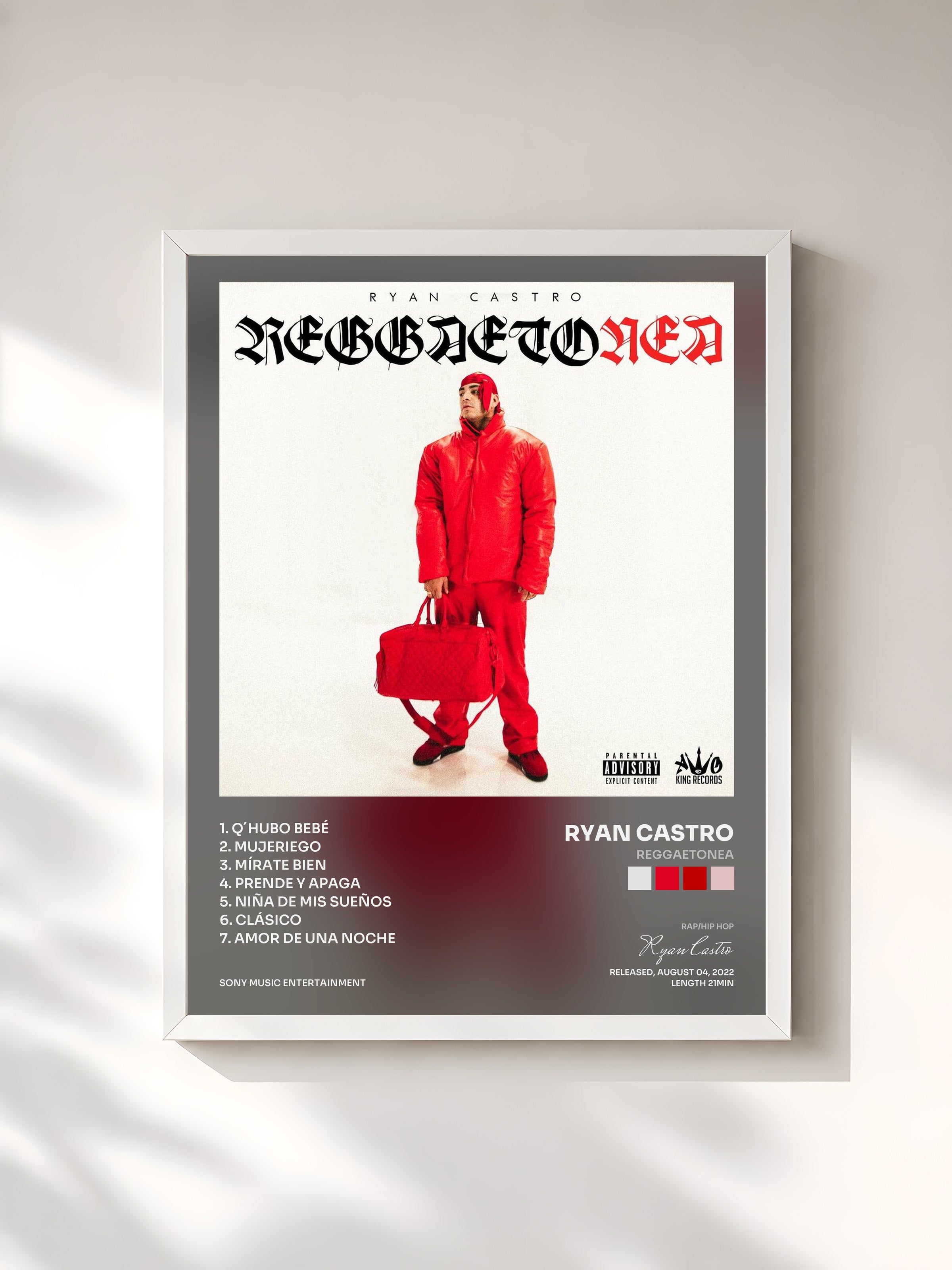 #blanc Tableau de l'album Reggaetonea de Ryan Castro, cadre blanc, imprimé et encadré en France