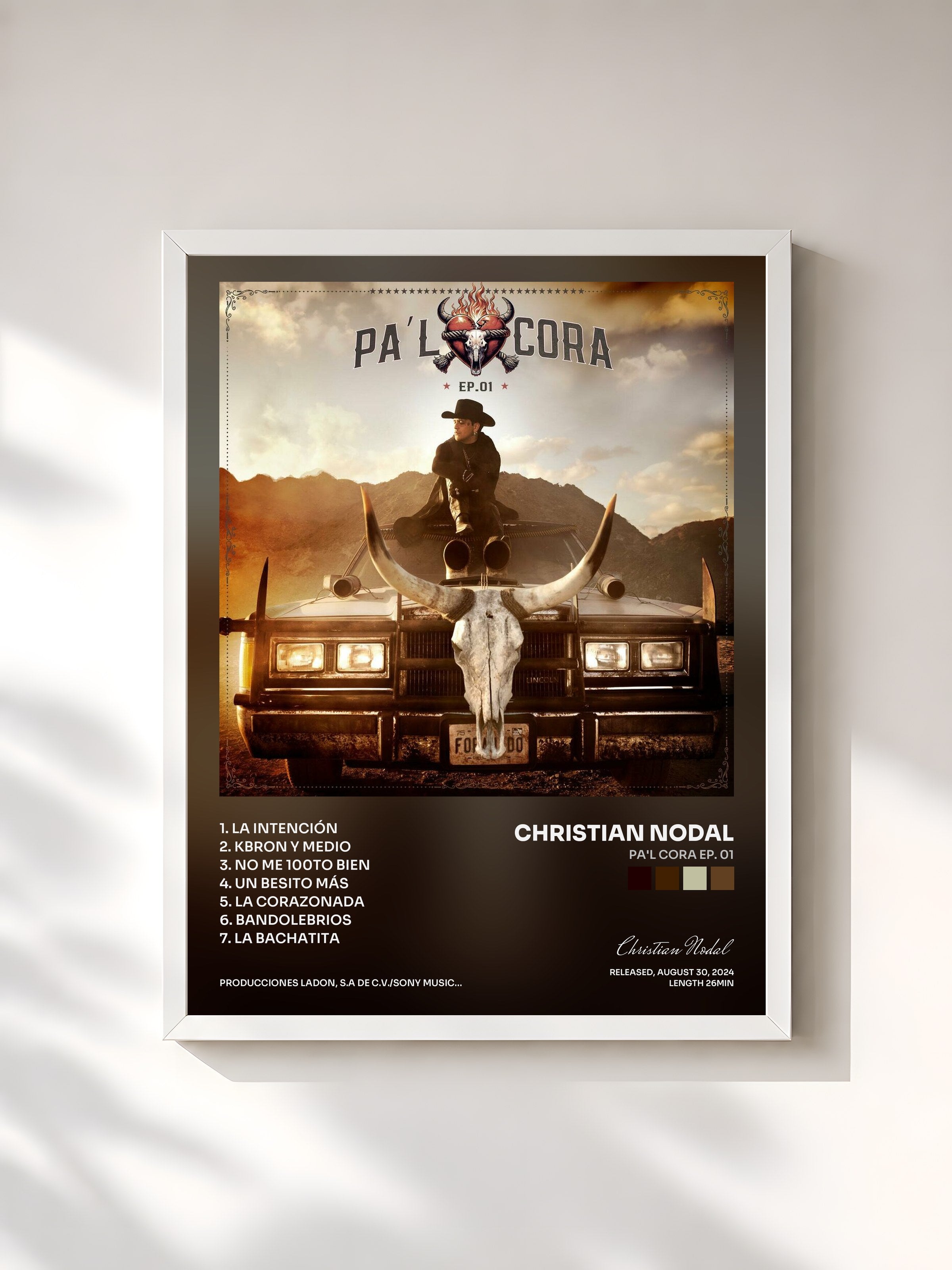#blanc Tableau de l'album PA'L CORA EP. 01 de Christian Nodal, cadre blanc, imprimé et encadré en France