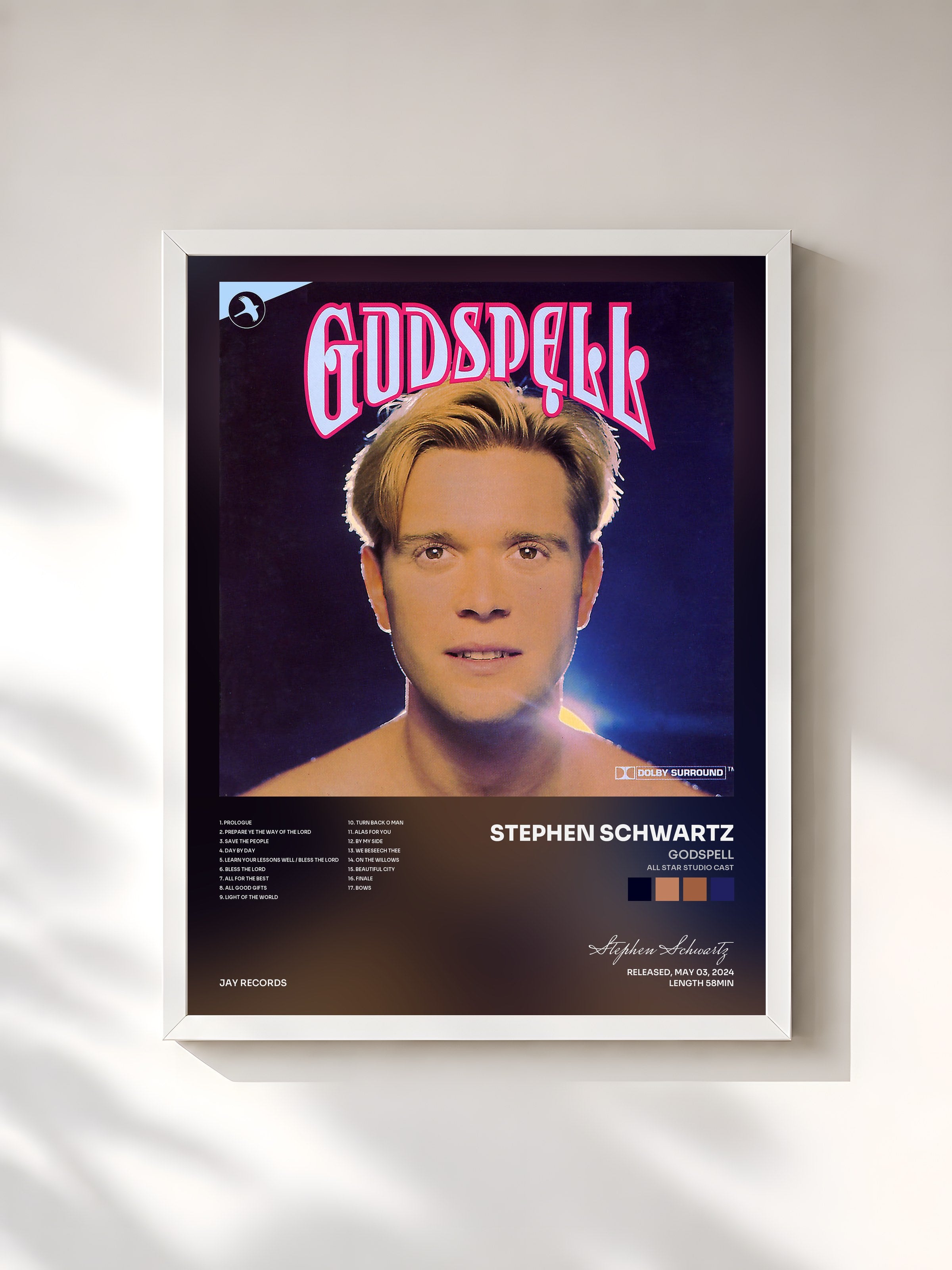 #blanc Tableau de l'album Godspell (All Star Studio Cast) de Stephen Schwartz, cadre blanc, imprimé et encadré en France