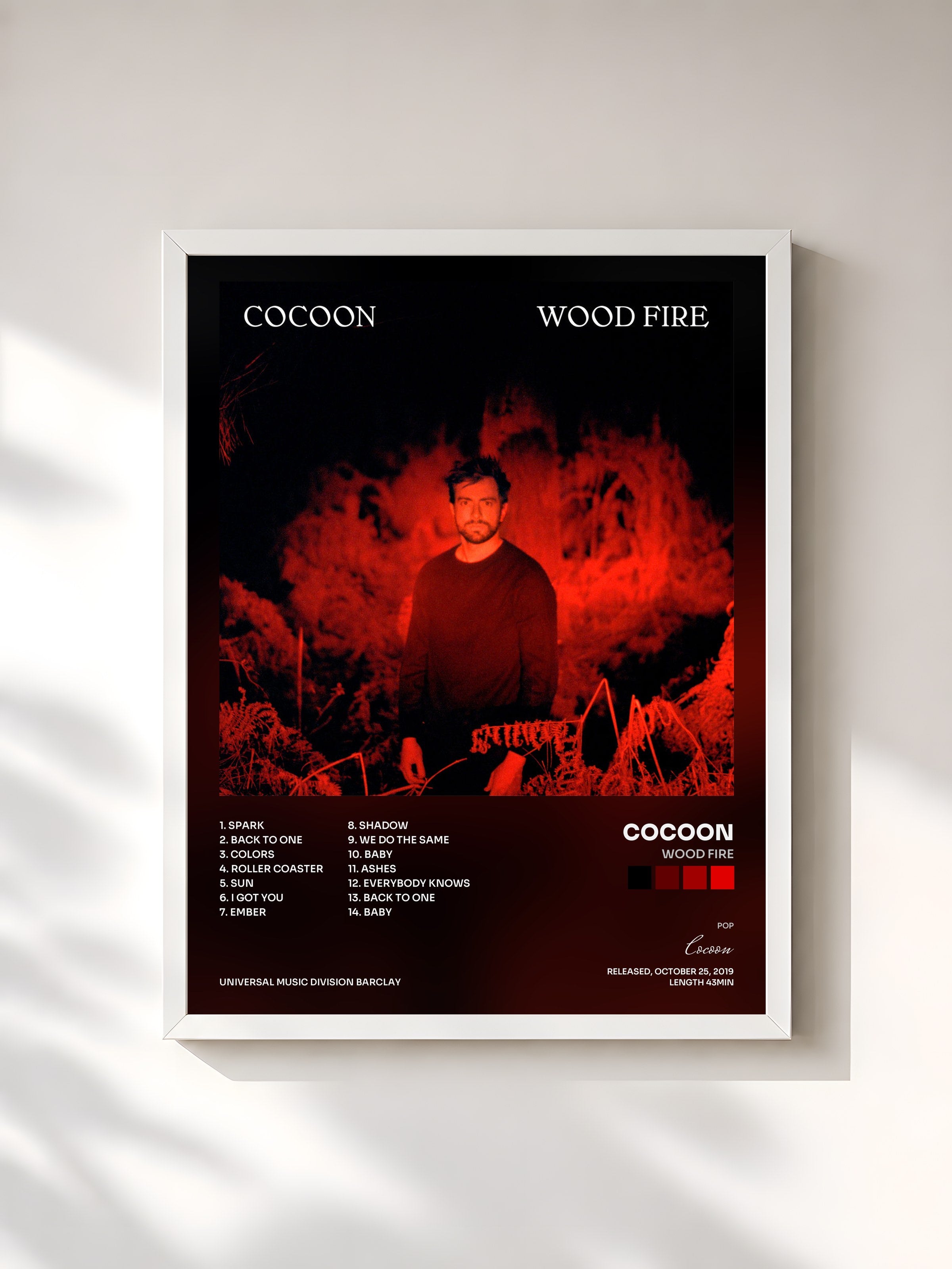 #blanc Tableau de l'album Wood Fire de Cocoon, cadre blanc, imprimé et encadré en France