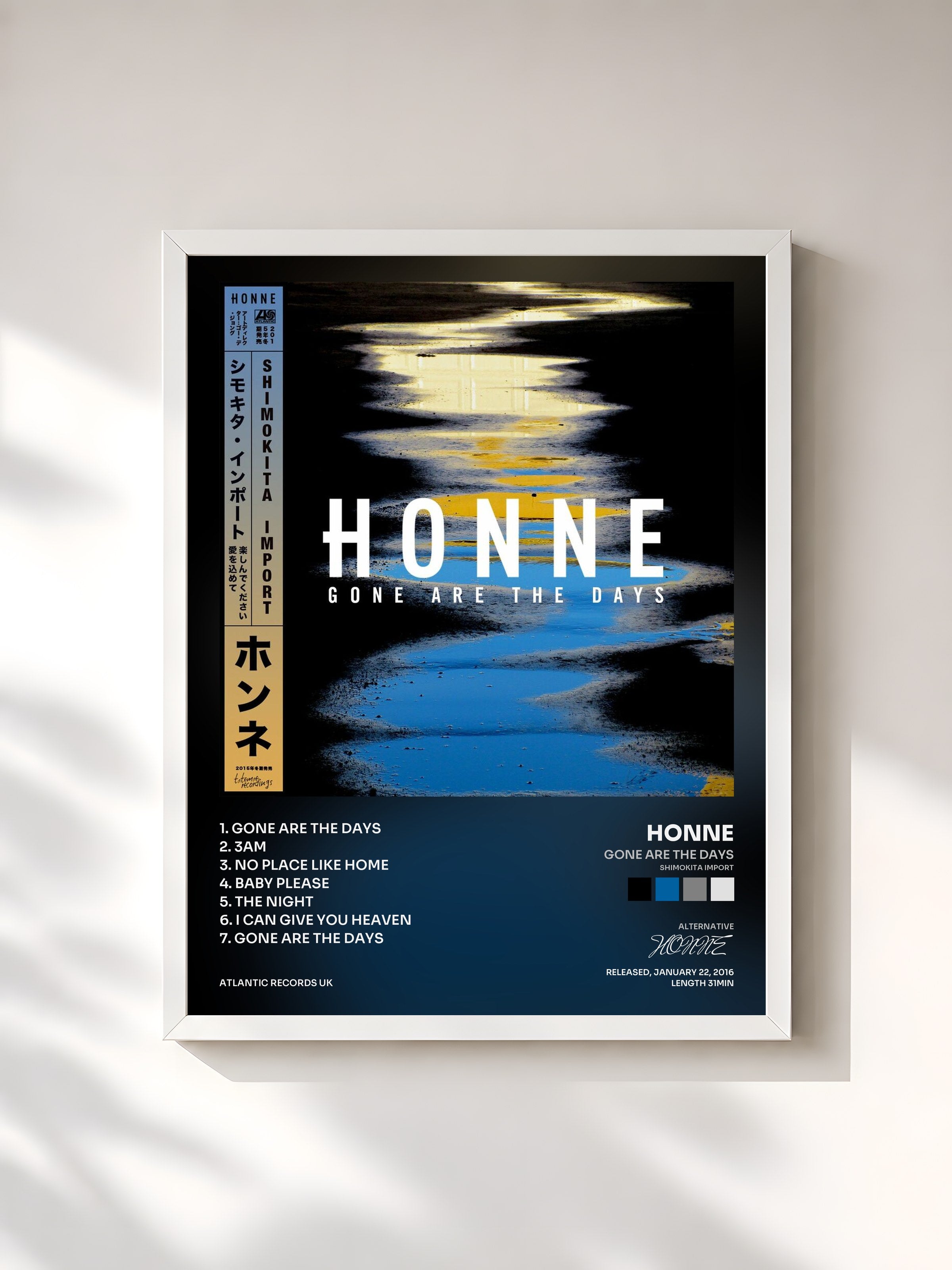 #blanc Tableau de l'album Gone Are the Days (Shimokita Import) de HONNE, cadre blanc, imprimé et encadré en France