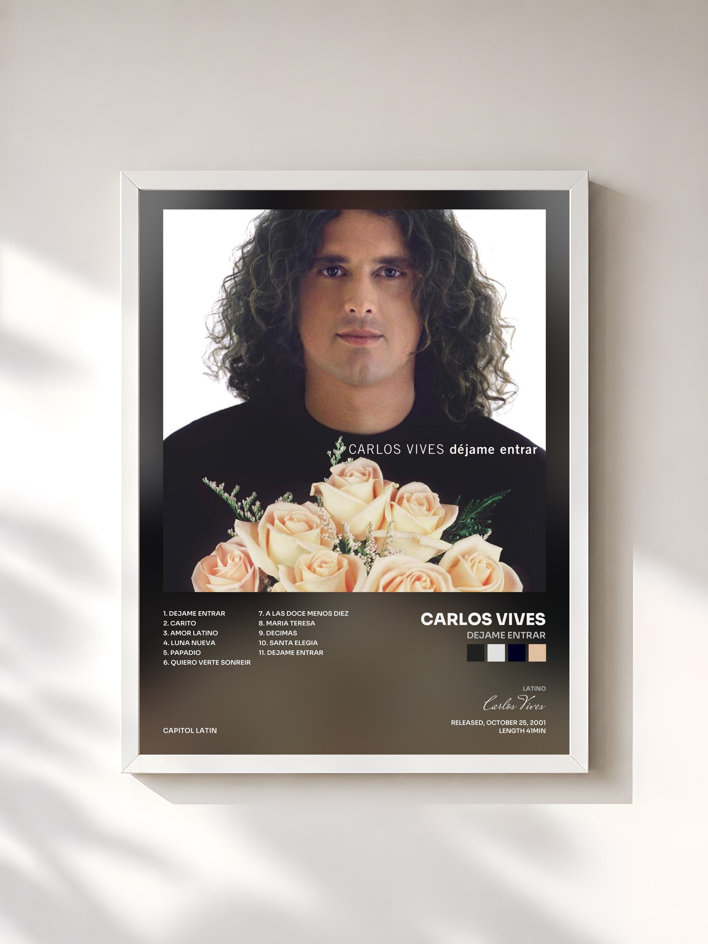 #blanc Tableau de l'album Dejame Entrar de Carlos Vives, cadre blanc, imprimé et encadré en France
