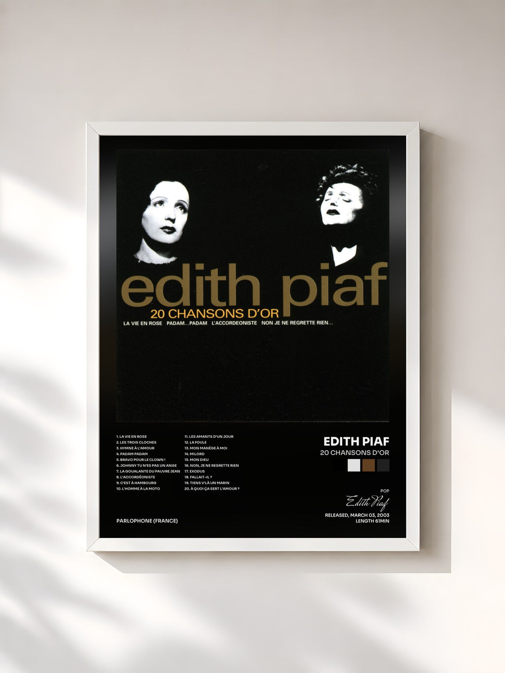 #blanc Tableau de l'album 20 chansons d'or de Edith Piaf, cadre blanc, imprimé et encadré en France
