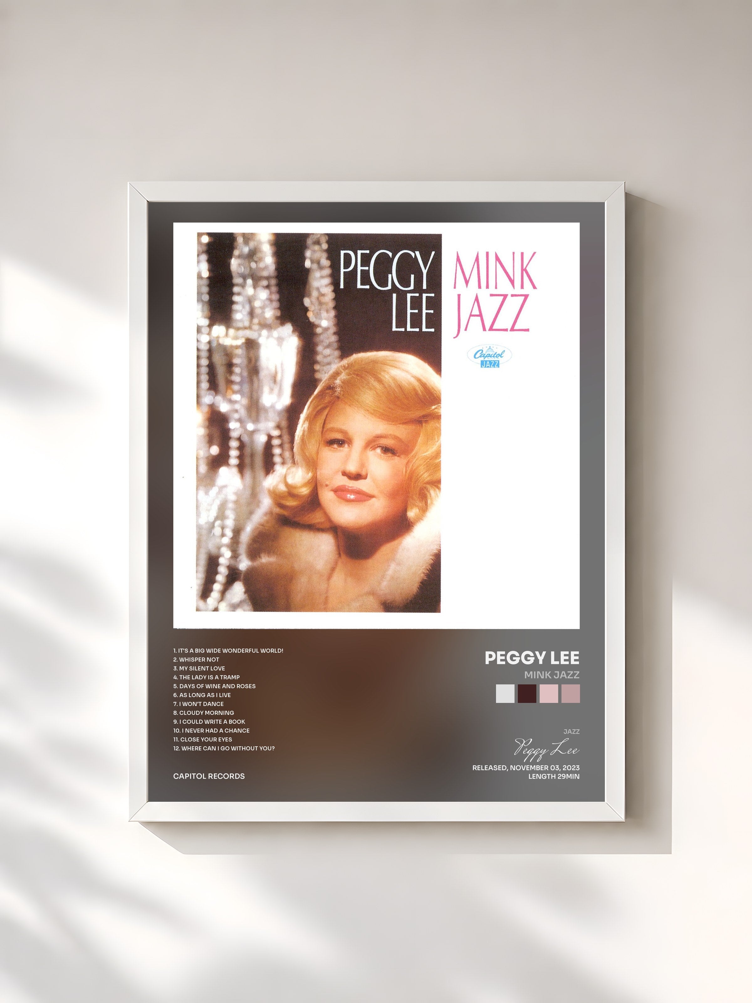 #blanc Tableau de l'album Mink Jazz de Peggy Lee, cadre blanc, imprimé et encadré en France