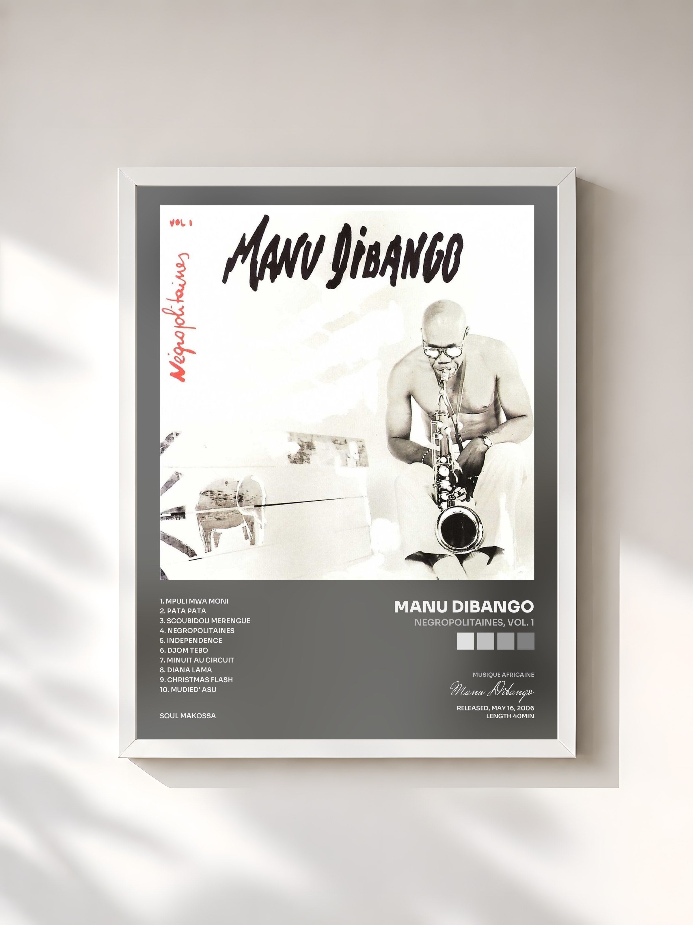 #blanc Tableau de l'album Negropolitaines, Vol. 1 de Manu Dibango, cadre blanc, imprimé et encadré en France
