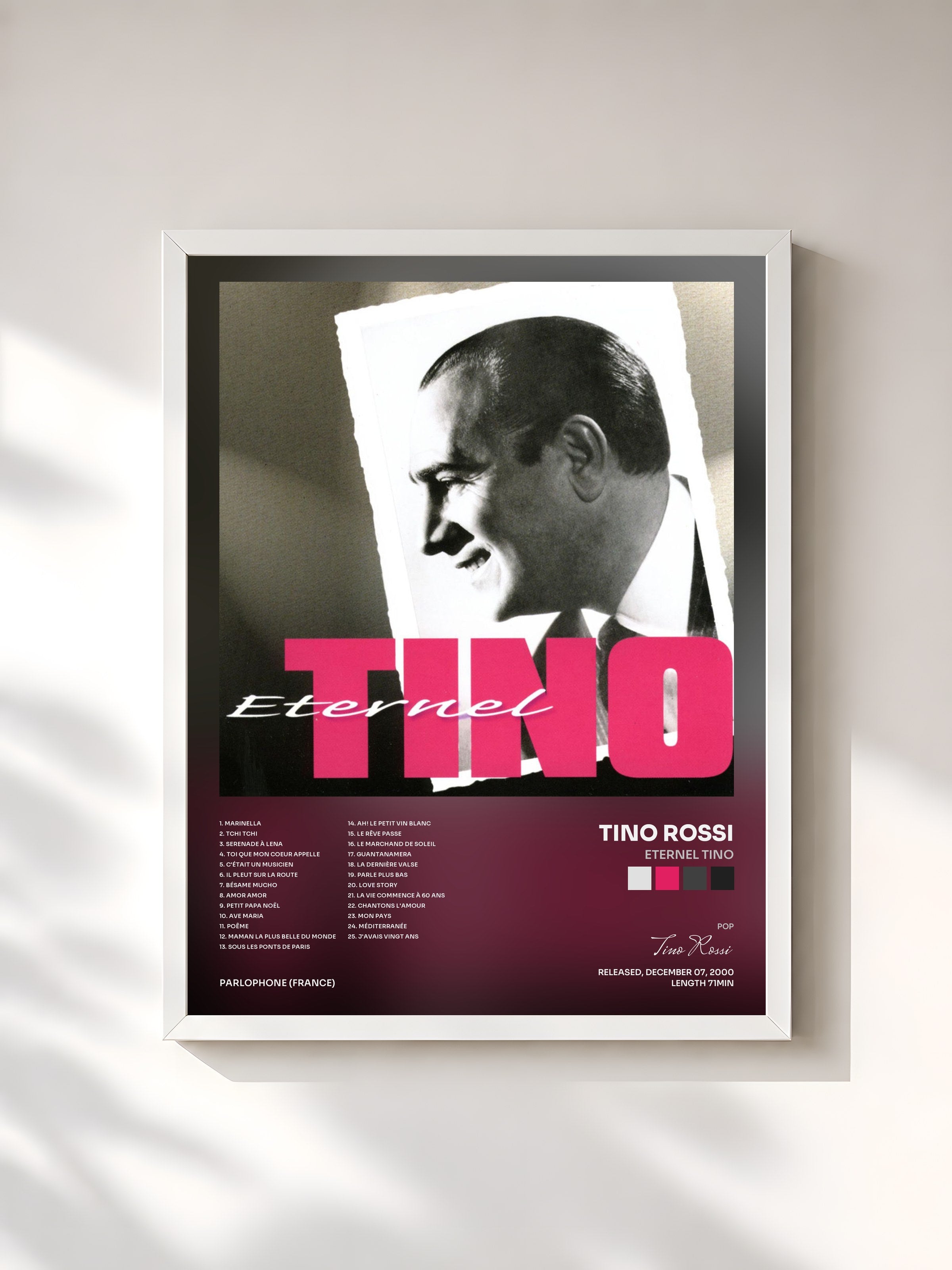 #blanc Tableau de l'album eternel tino de Tino Rossi, cadre blanc, imprimé et encadré en France
