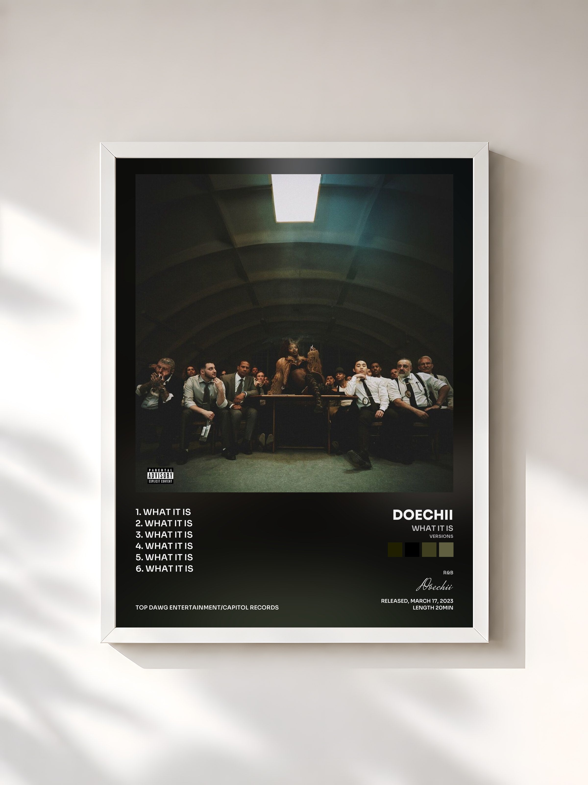 #blanc Tableau de l'album What It Is (Versions) de Doechii, cadre blanc, imprimé et encadré en France