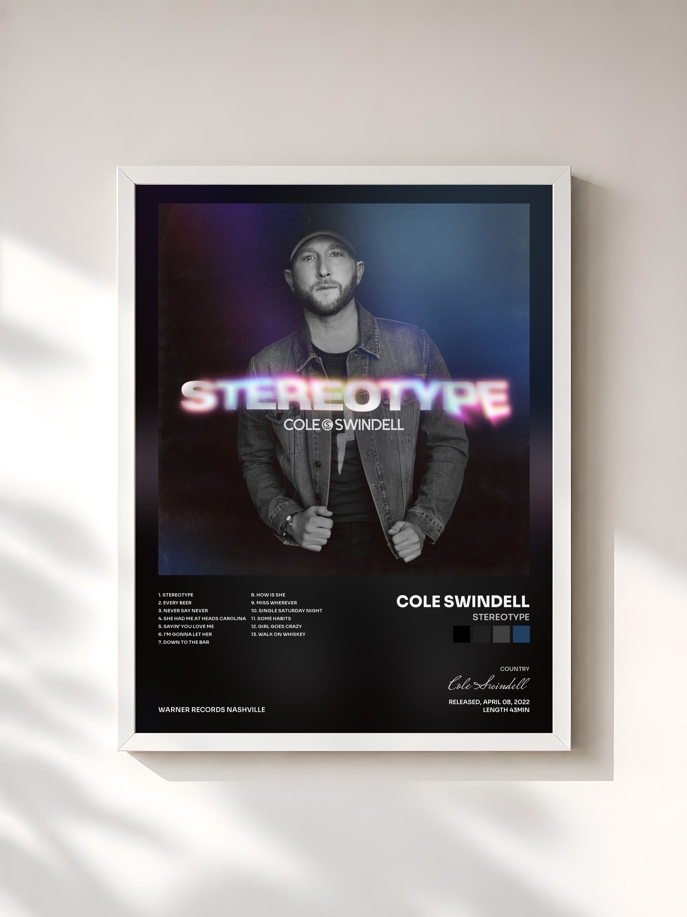 #blanc Tableau de l'album Stereotype de Cole Swindell, cadre blanc, imprimé et encadré en France