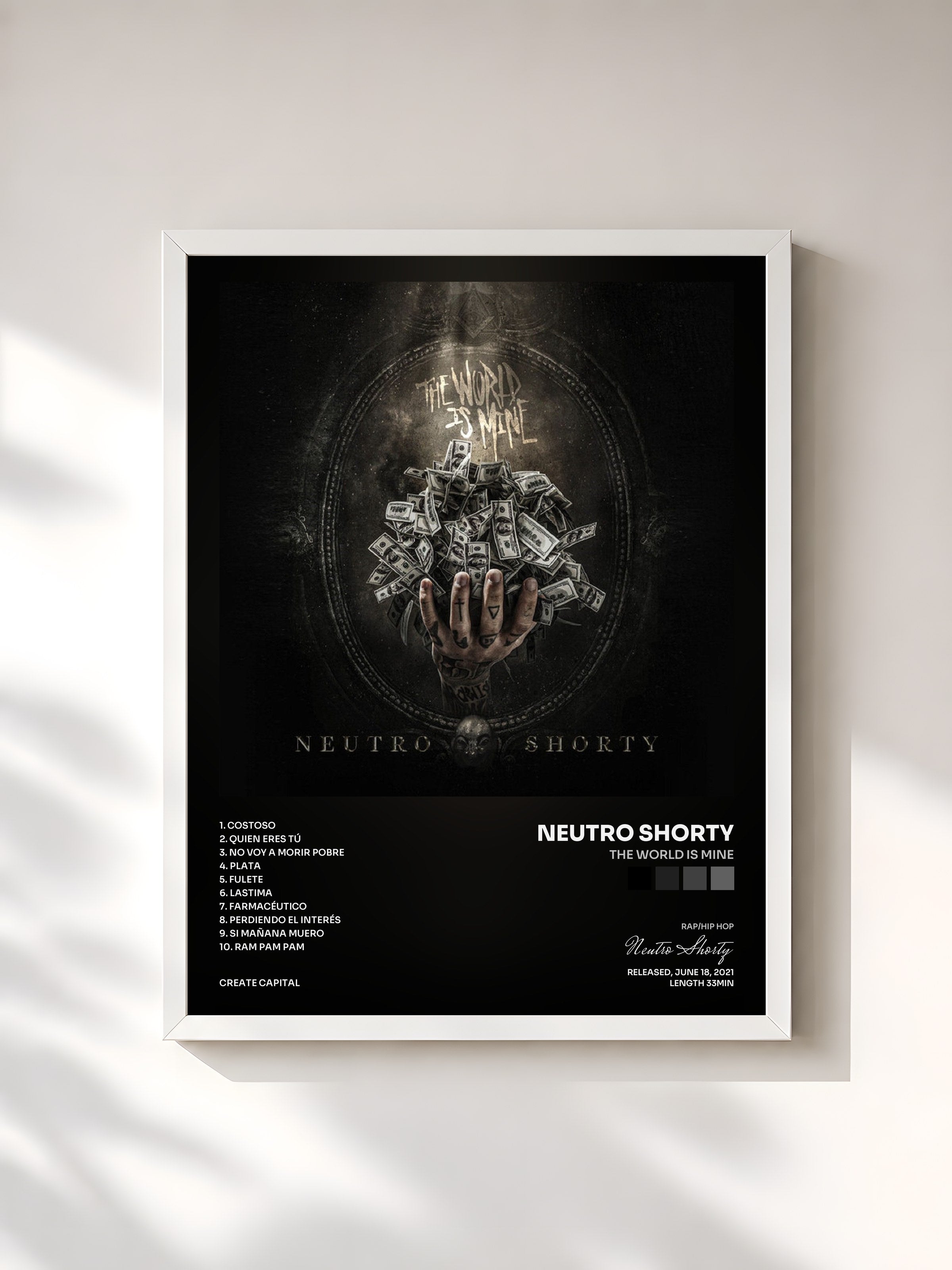 #blanc Tableau de l'album The World Is Mine de Neutro Shorty, cadre blanc, imprimé et encadré en France