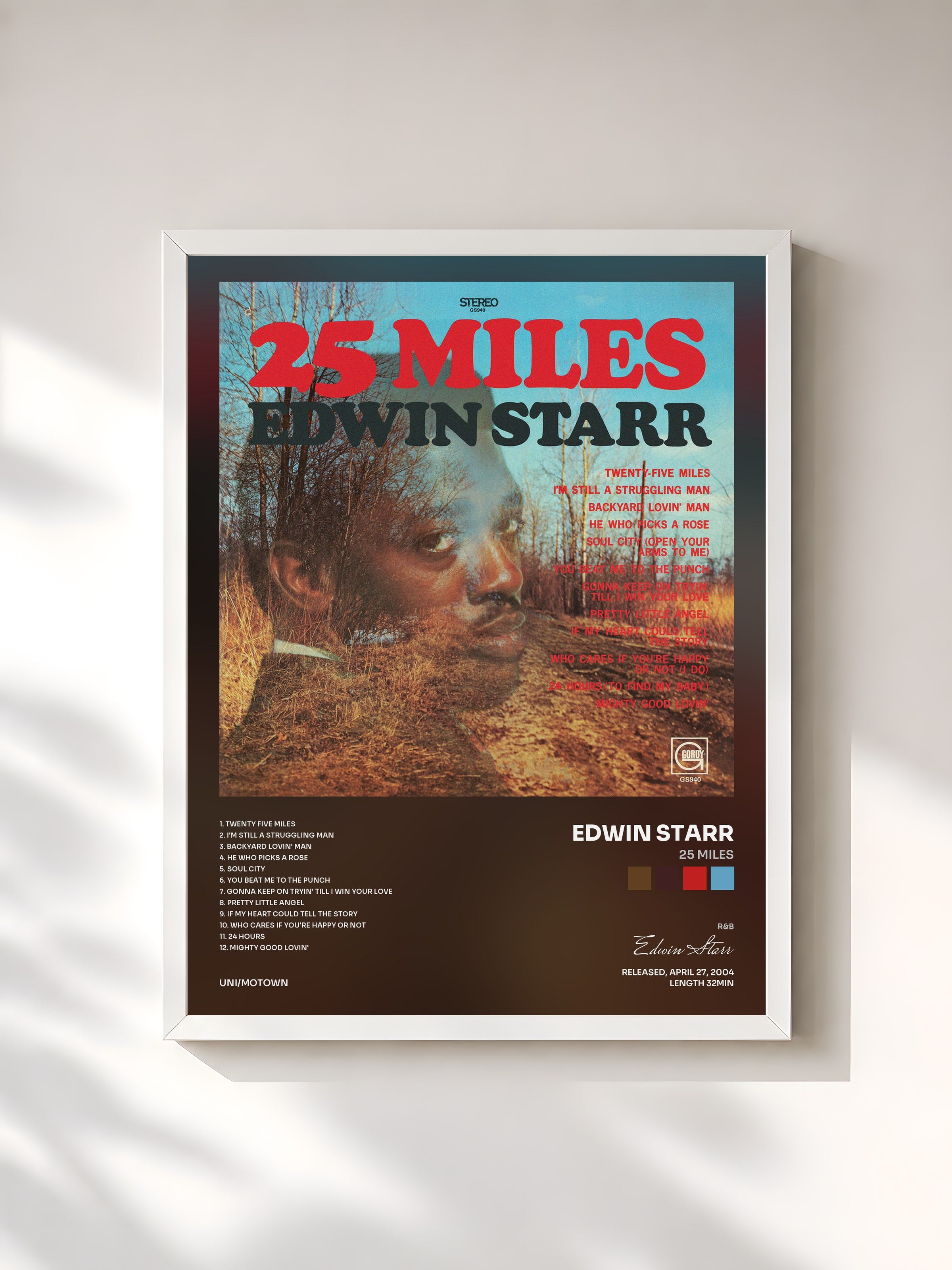 #blanc Tableau de l'album 25 Miles de Edwin Starr, cadre blanc, imprimé et encadré en France